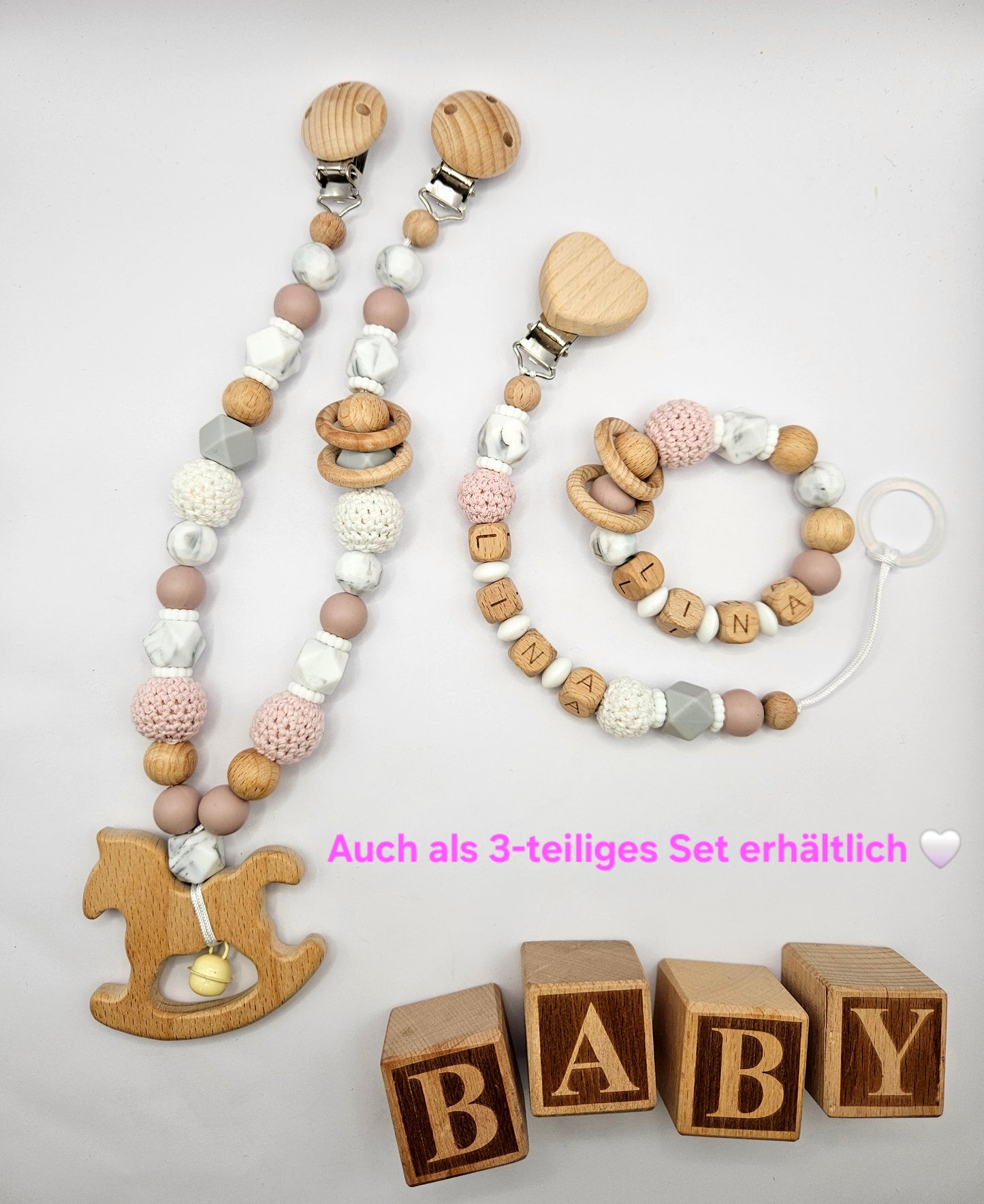 Personalisierter Greifling mit Namen für Mädchen – Baby Greifring aus Silikon & Holz, Geschenk zur Geburt, Marmordesign/Rose