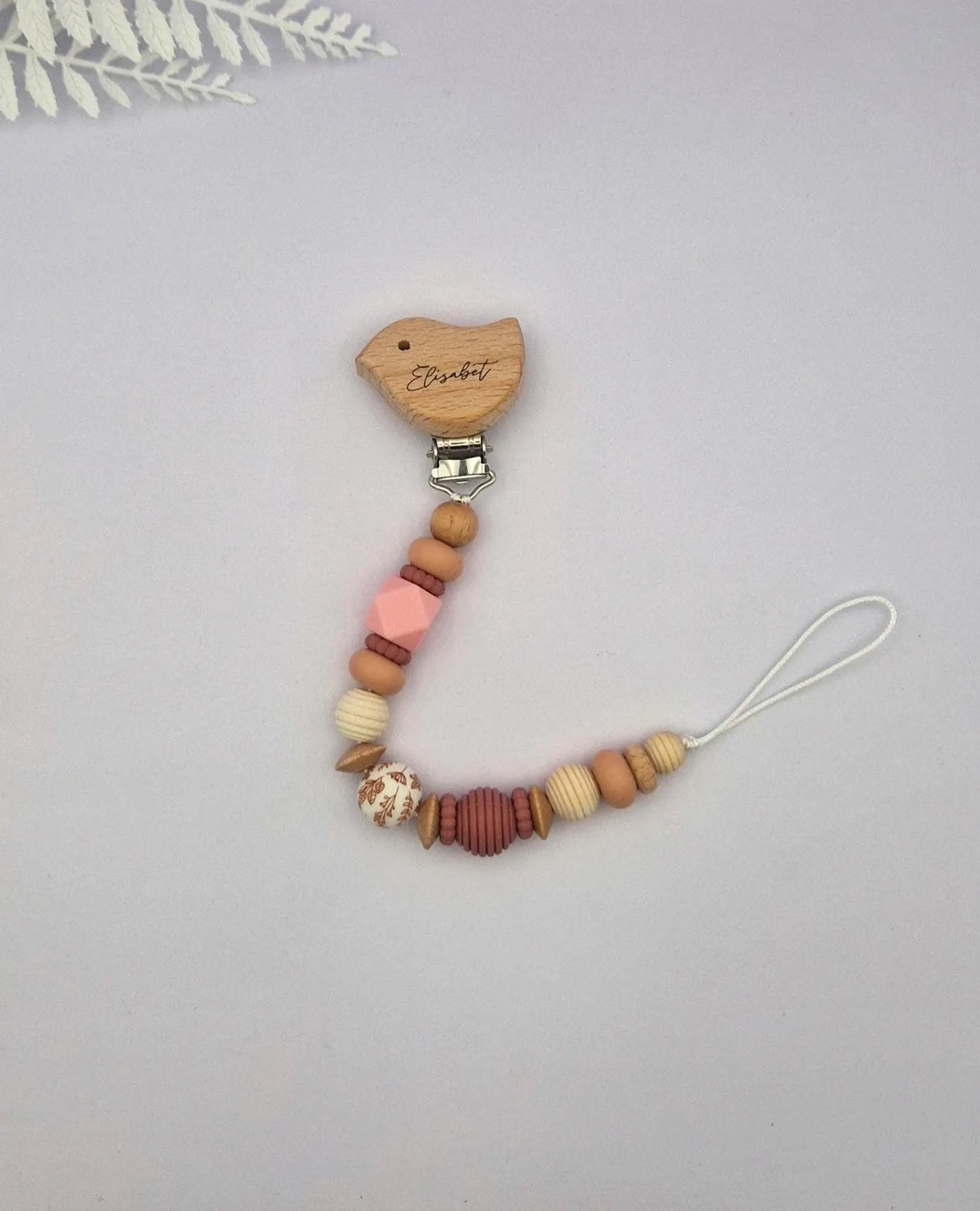 Personalisierte Schnullerkette mit Gravur | Holz & Silikon natur rosa | Geschenk zur Geburt | Handgefertigte Schnullerkette für Babys