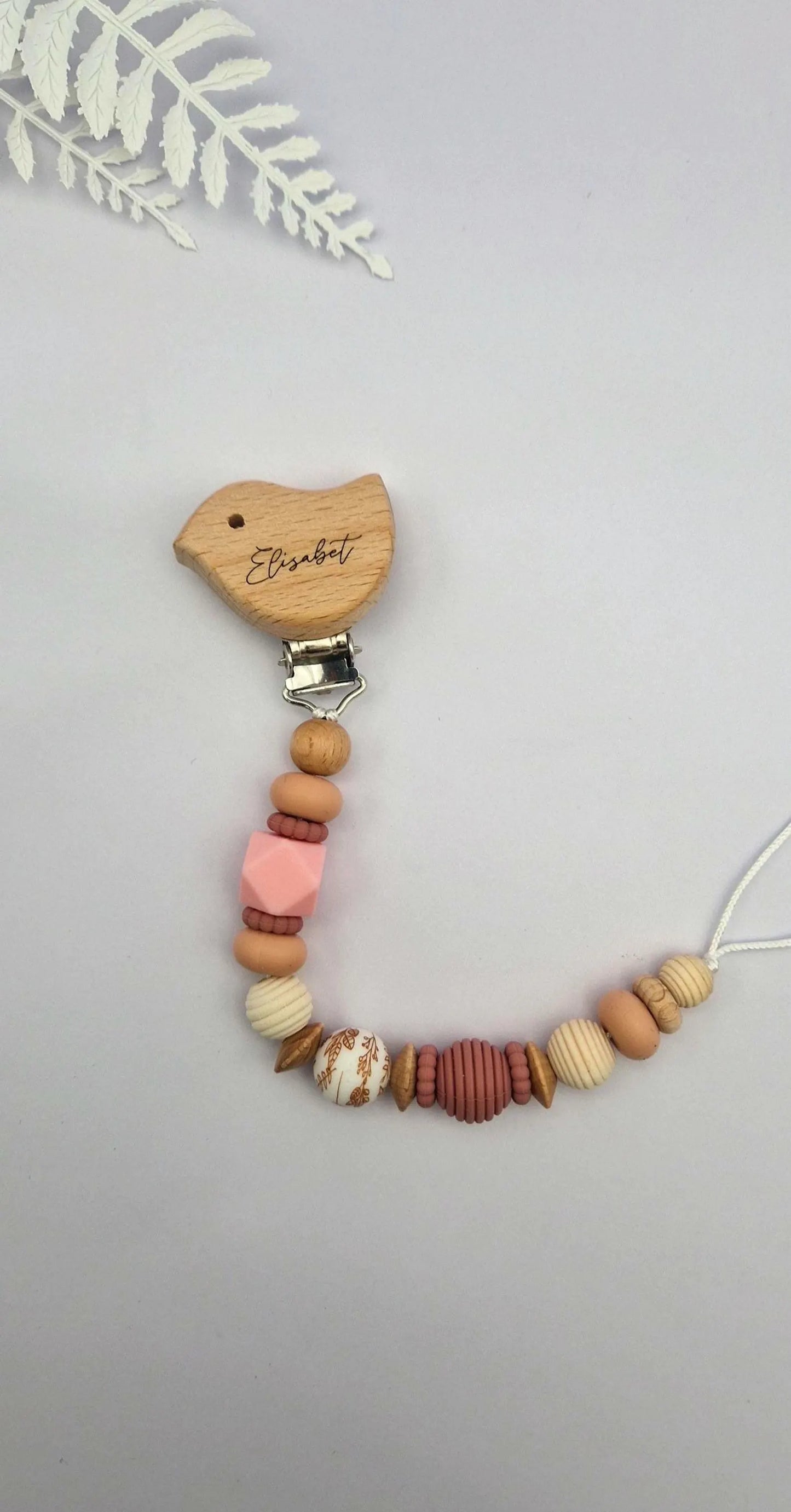 Personalisierte Schnullerkette mit Gravur | Holz & Silikon natur rosa | Geschenk zur Geburt | Handgefertigte Schnullerkette für Babys