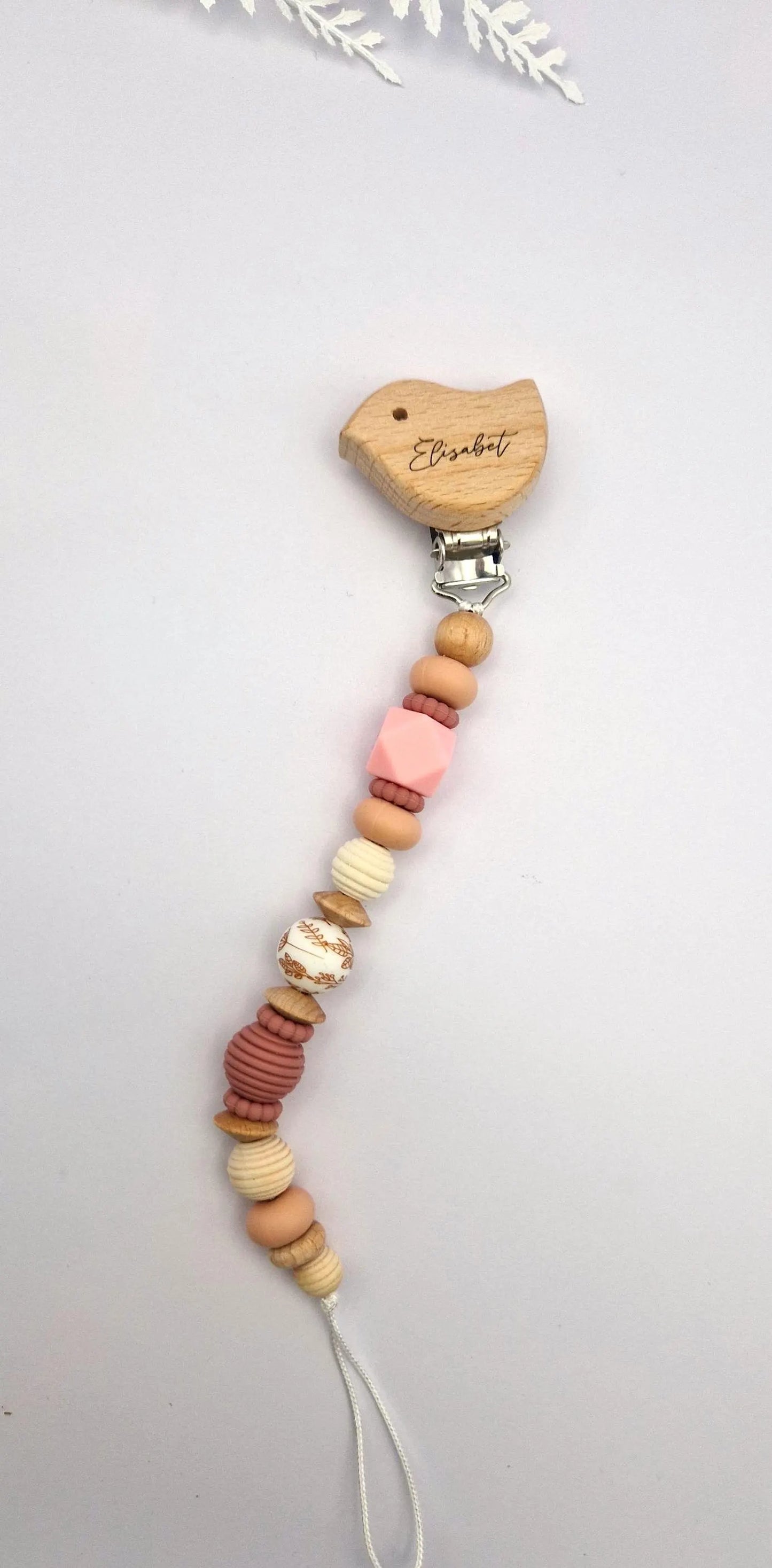 Personalisierte Schnullerkette mit Gravur | Holz & Silikon natur rosa | Geschenk zur Geburt | Handgefertigte Schnullerkette für Babys