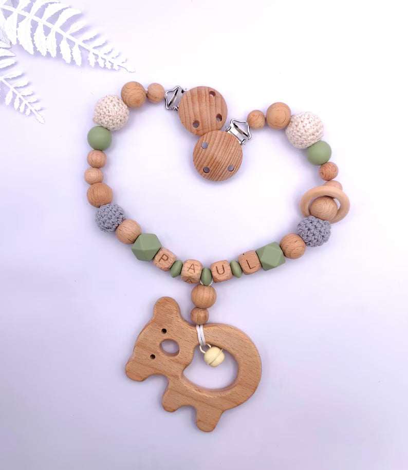 Personalisierte KINDERWAGENKETTE mit Namen: Montessori-Babyparty Geschenk aus Holz und Silikon zur Geburt oder Taufe