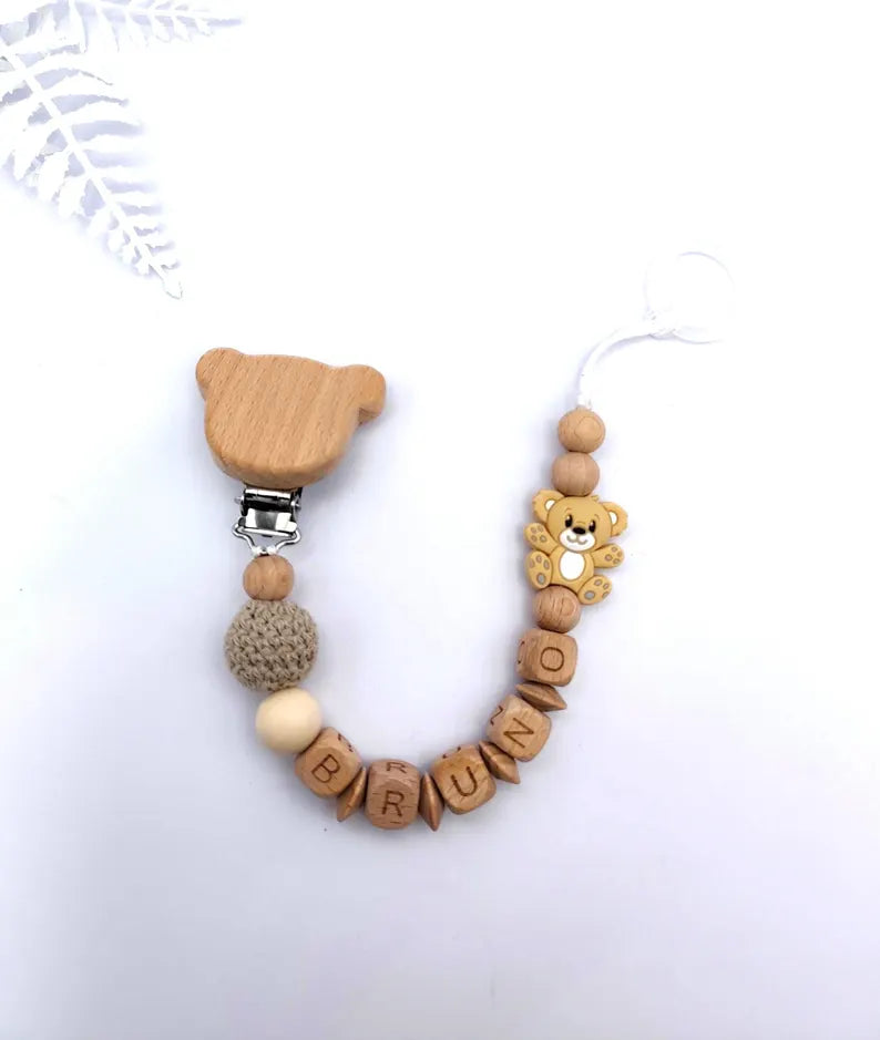 Schnullerkette mit Namen und Tiermotiv | liebevolle Handarbeit | Personalisiertes Geschenk zur Geburt & Taufe des Babys | Holzbuchstaben