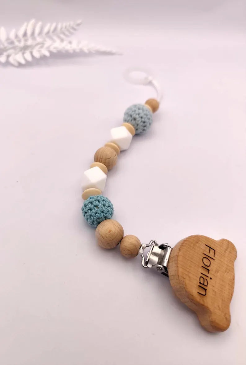 Personalisierte BABY-SCHNULLERKETTE aus Holz und Silikon: Montessori- und Sensorikspielzeug Geschenk zur Geburt oder Taufe