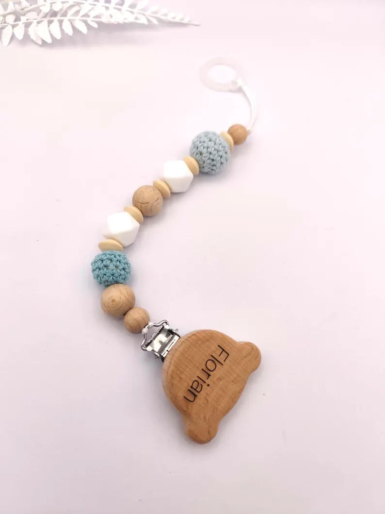 Personalisierte BABY-SCHNULLERKETTE aus Holz und Silikon: Montessori- und Sensorikspielzeug Geschenk zur Geburt oder Taufe