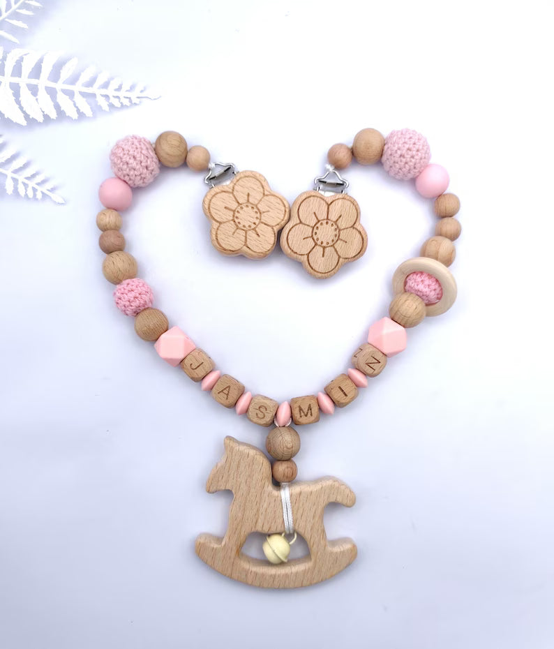 Personalisierte KINDERWAGENKETTE mit Namen: Montessori-Babyparty Geschenk aus Holz und Silikon zur Geburt oder Taufe