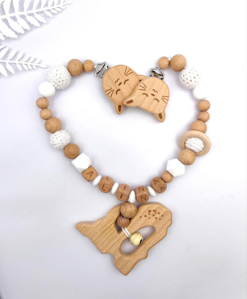 Personalisierte KINDERWAGENKETTE mit Namen: Montessori-Babyparty Geschenk aus Holz und Silikon zur Geburt oder Taufe