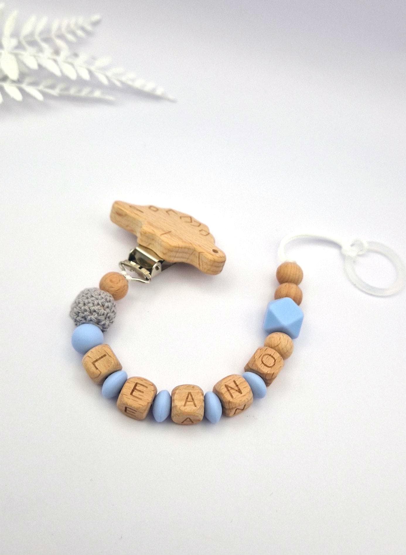Personalisierte Schnullerkette mit Namen – liebevoll handgefertigtes Babygeschenk zur Geburt, Taufe | Blau | BPA-frei | Holz & Silikon