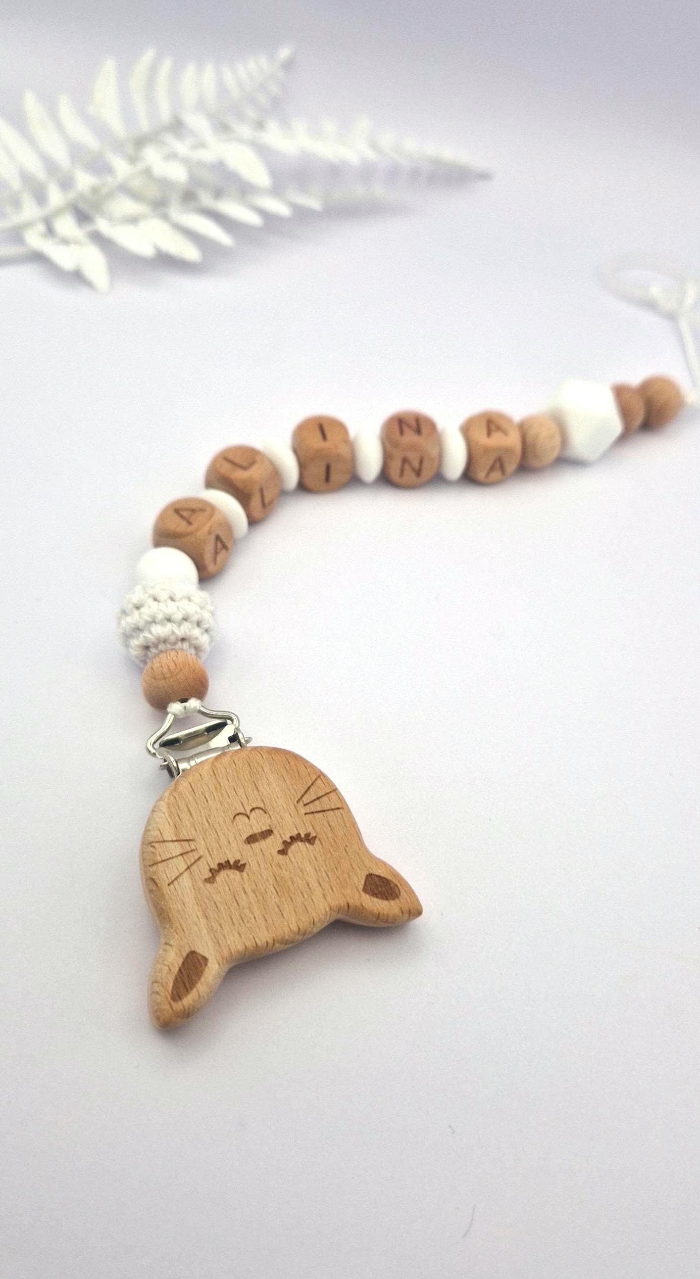 Personalisierte Schnullerkette mit Namen – liebevoll handgefertigtes Babygeschenk | Weiß | Junge und Mädchen | BPA-frei | Holz & Silikon