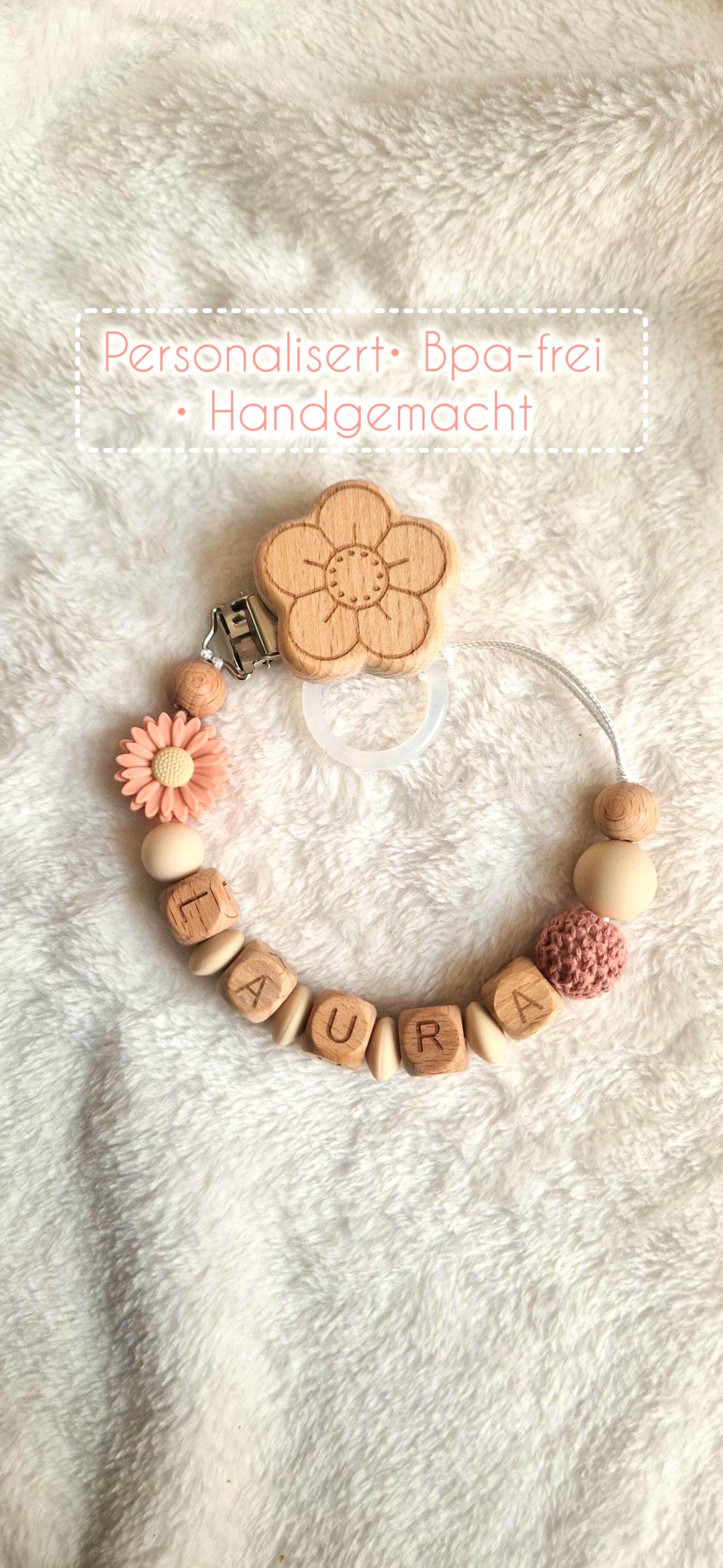 Personalisierte Schnullerkette Pfirsich mit Blume & Namen – Handgefertigte Babygeschenke – Holzbuchstaben – Individuelles Geschenk zur Geburt