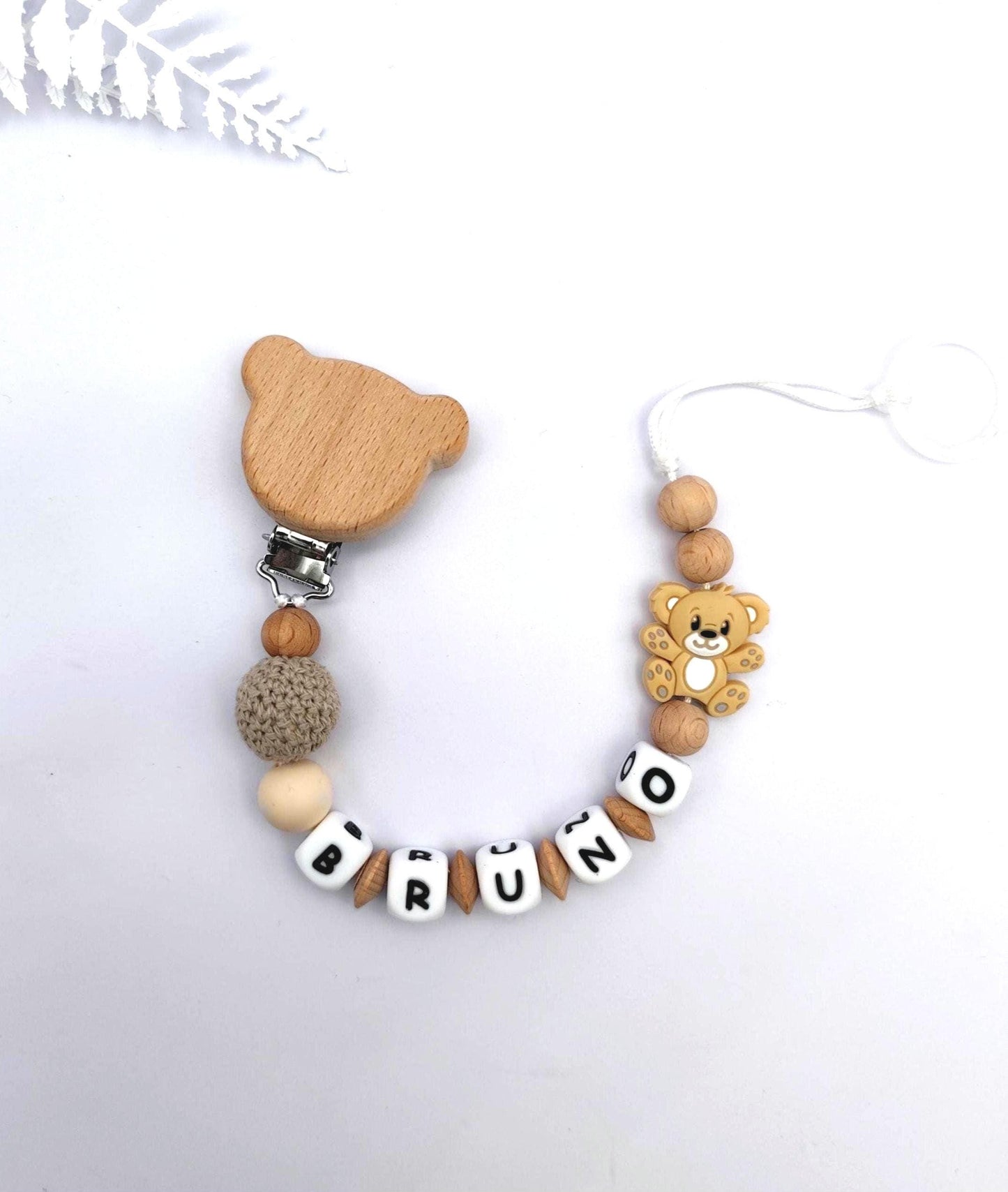 Schnullerkette mit Namen und Tiermotiv | 100% Handarbeit | Personalisiertes Geschenk für Babys | Babyartikel | Weiße Silikonbuchstaben