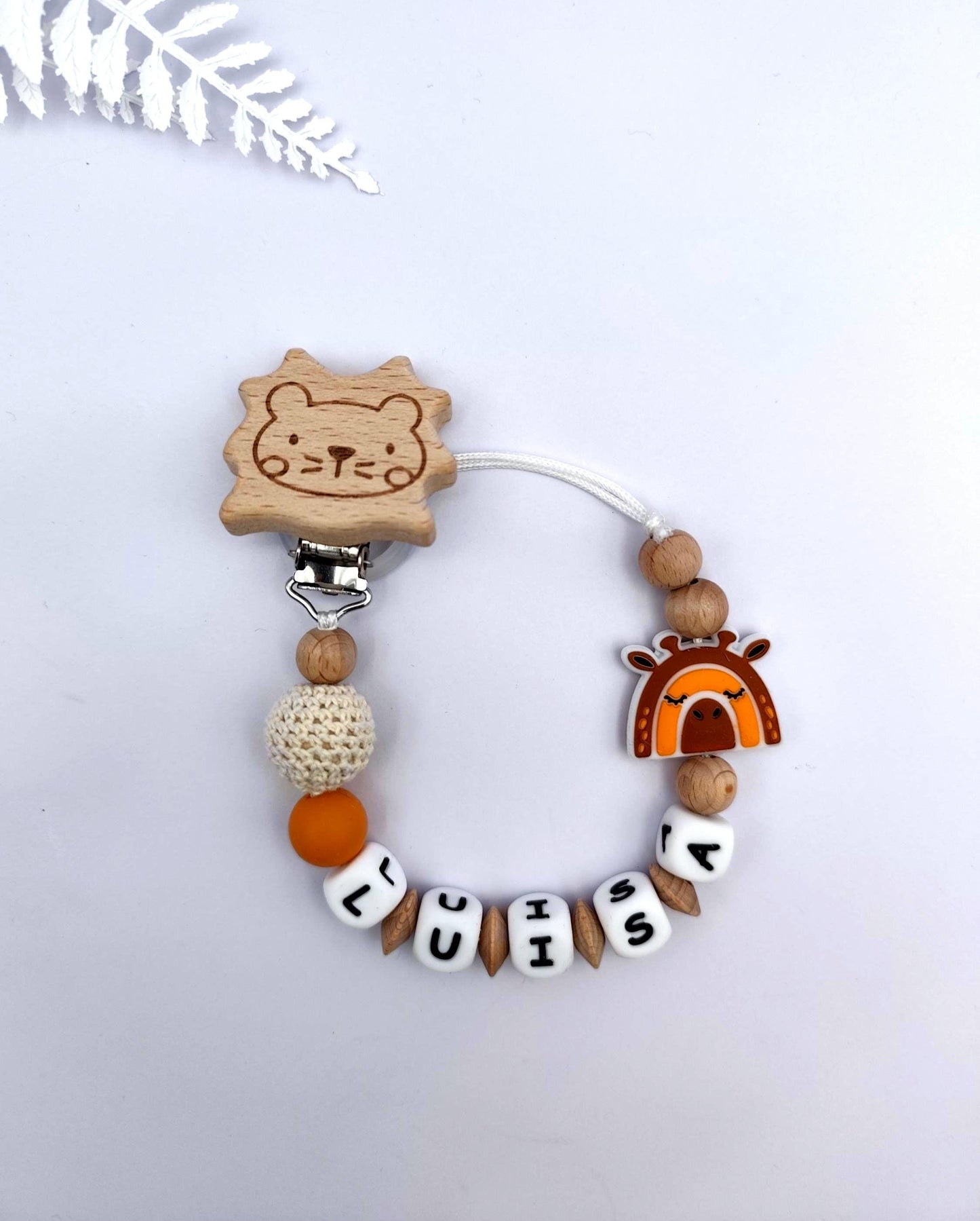 Schnullerkette mit Namen und Tiermotiv | 100% Handarbeit | Personalisiertes Geschenk für Babys | Babyartikel | Weiße Silikonbuchstaben