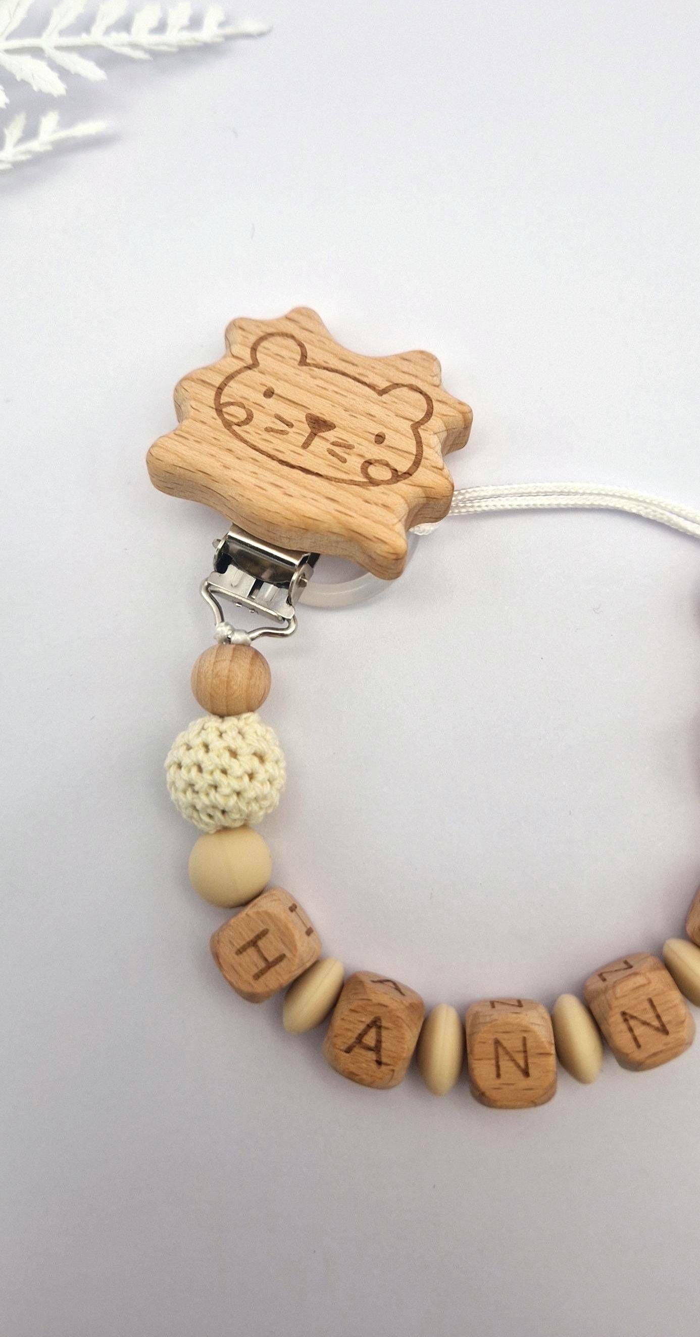 Personalisierte Schnullerkette mit Namen – liebevoll handgefertigtes Babygeschenk | Beige | Junge/Mädchen | BPA-frei | Holz & Silikon