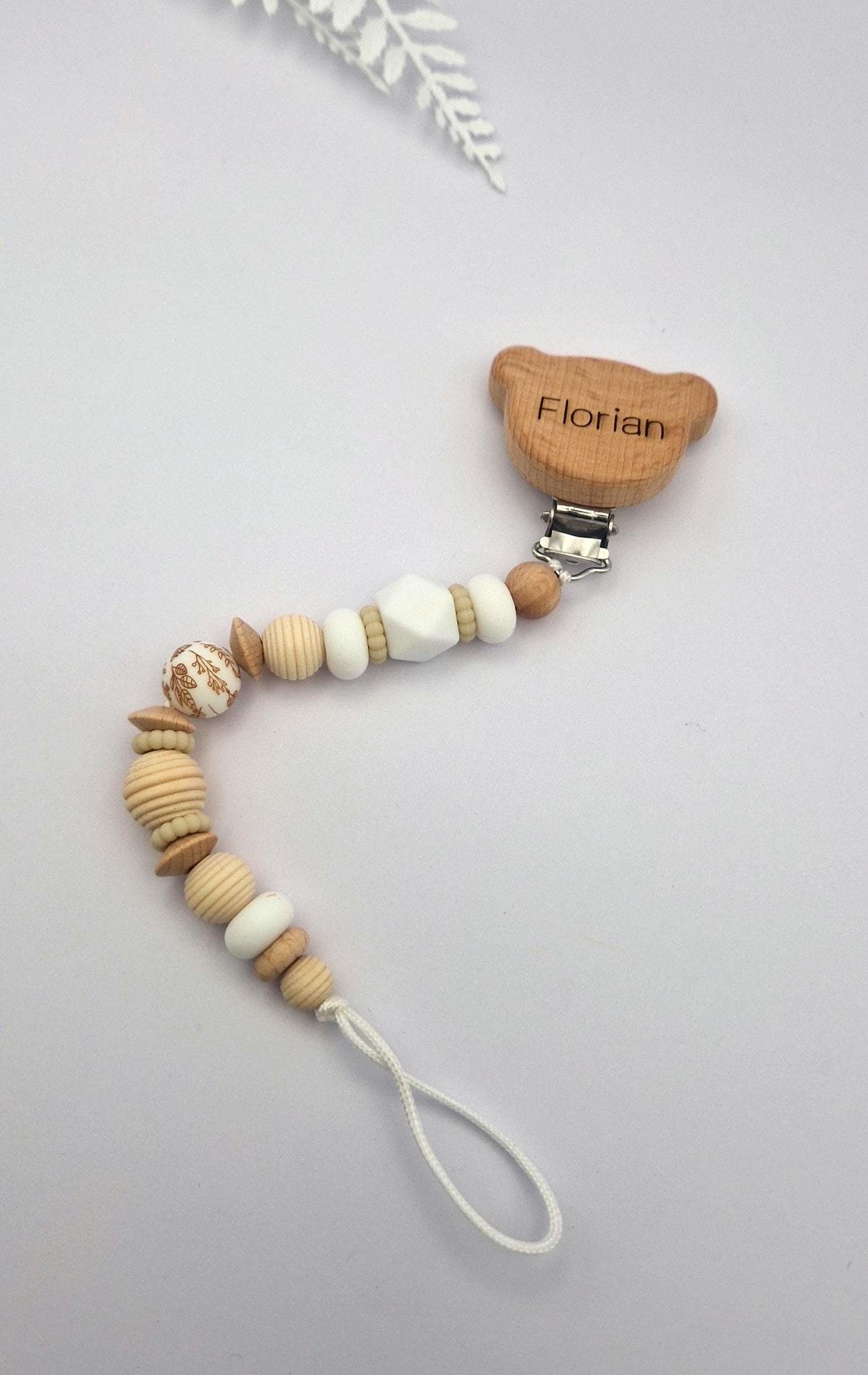 Personalisierte Schnullerkette mit Gravur | Holz & Silikon Natur Boho Beige | Geschenk zur Geburt | Handgefertigte Schnullerkette für Babys