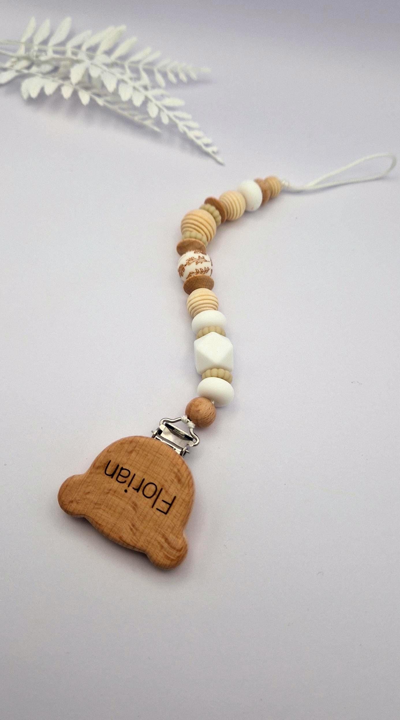 Personalisierte Schnullerkette mit Gravur | Holz & Silikon Natur Boho Beige | Geschenk zur Geburt | Handgefertigte Schnullerkette für Babys