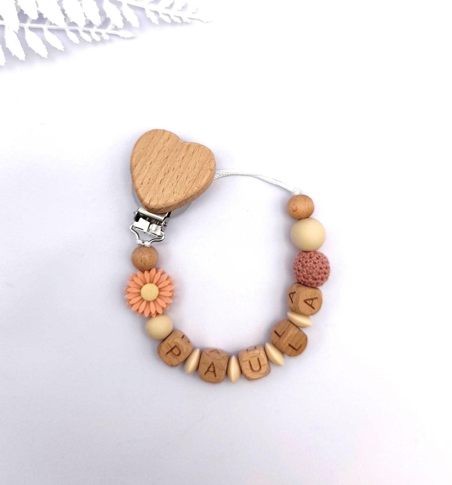 Personalisierte Schnullerkette Pfirsich mit Blume & Namen – Handgefertigte Babygeschenke – Holzbuchstaben – Individuelles Geschenk zur Geburt