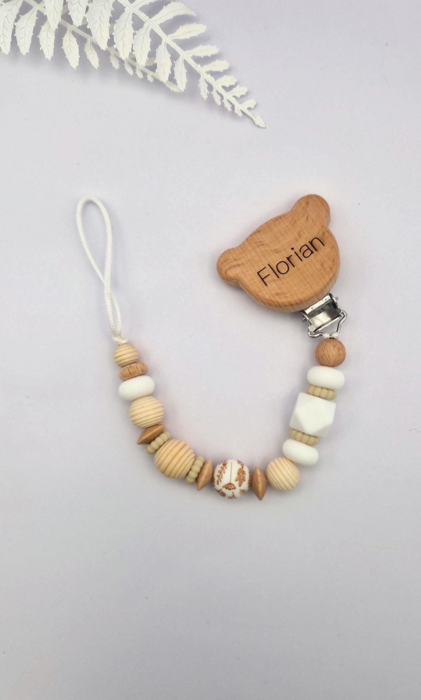 Personalisierte Schnullerkette mit Gravur | Holz & Silikon Natur Boho Beige | Geschenk zur Geburt | Handgefertigte Schnullerkette für Babys