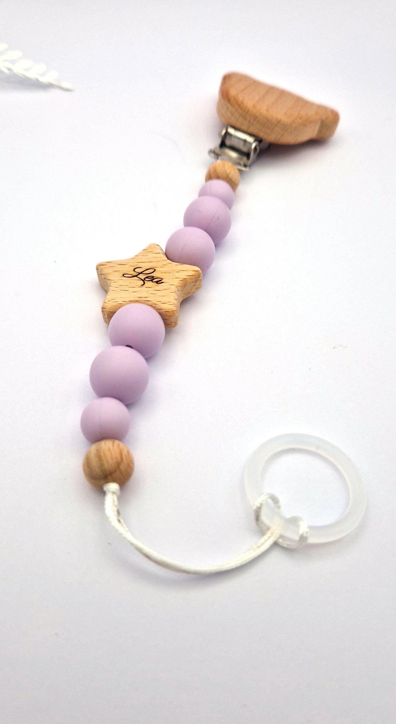 Personalisierte Schnullerkette mit Namen | Pastelllila | Babygeschenk zur Geburt & Taufe | Handgefertigter Schnullerhalter BPA-frei | Namensgravur