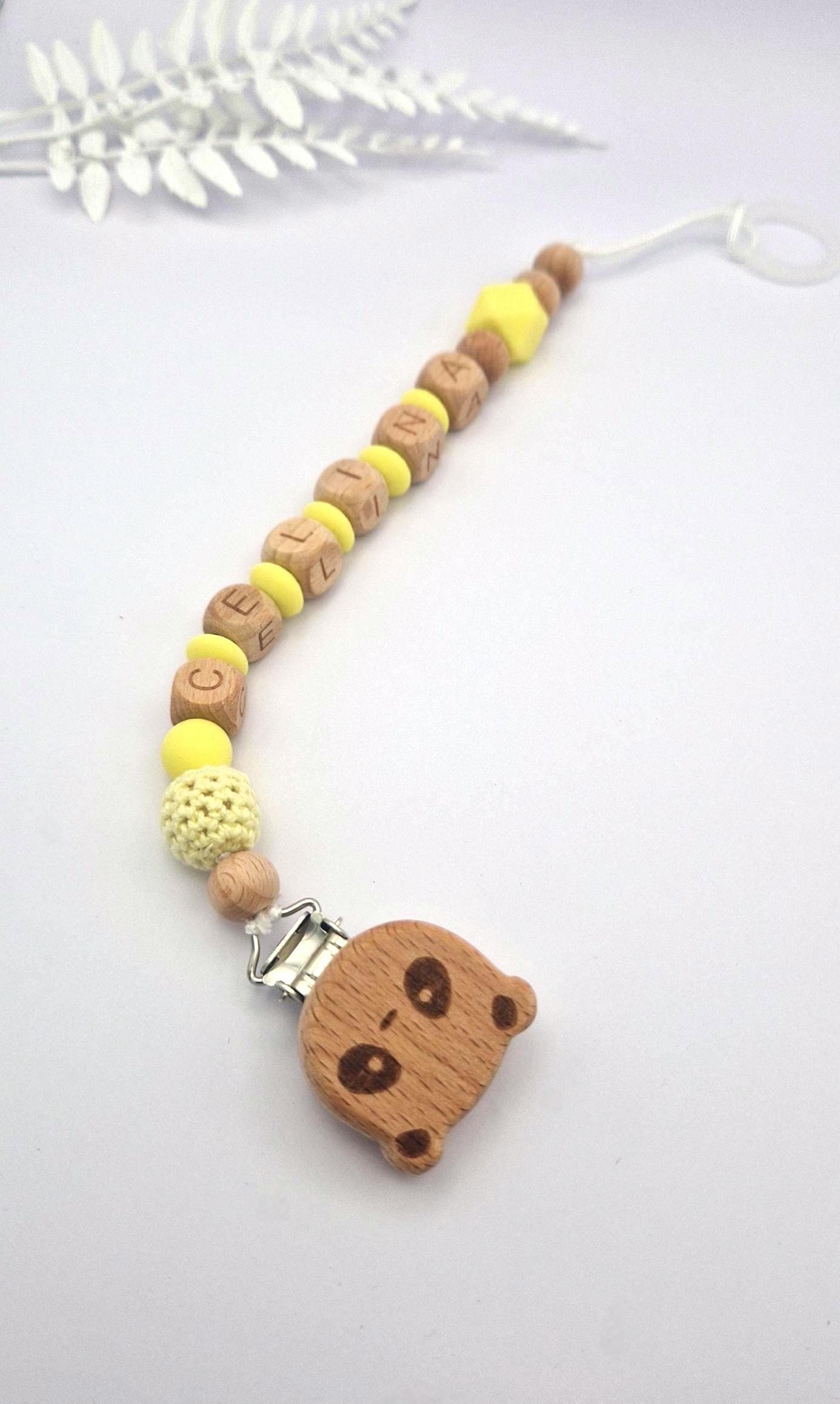 Personalisierte Schnullerkette mit Namen – liebevoll handgefertigtes Babygeschenk | Gelb | Junge/Mädchen | BPA-frei | Holz & Silikon