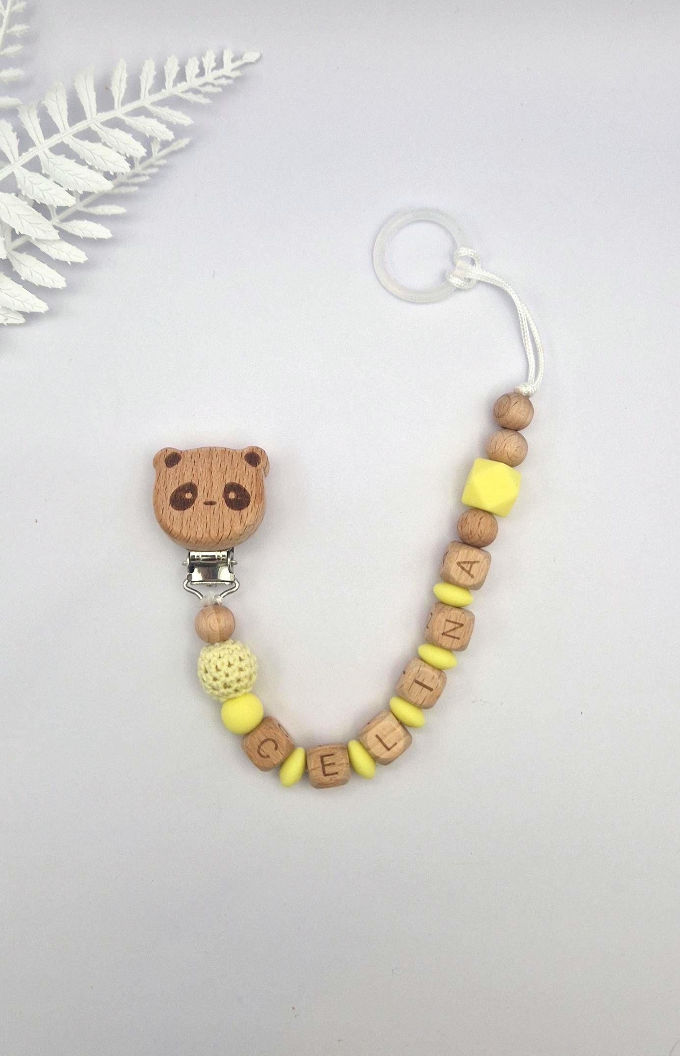 Personalisierte Schnullerkette mit Namen – liebevoll handgefertigtes Babygeschenk | Gelb | Junge/Mädchen | BPA-frei | Holz & Silikon