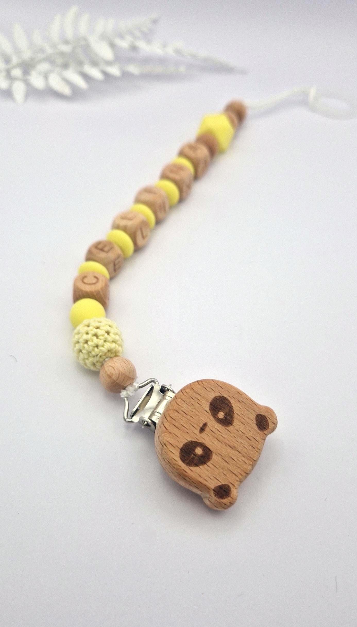 Personalisierte Schnullerkette mit Namen – liebevoll handgefertigtes Babygeschenk | Gelb | Junge/Mädchen | BPA-frei | Holz & Silikon