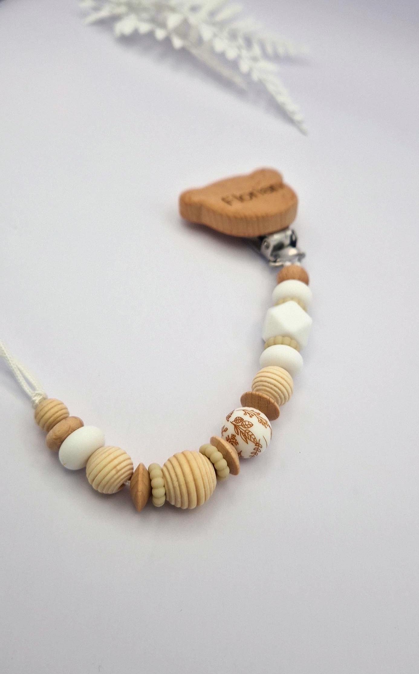 Personalisierte Schnullerkette mit Gravur | Holz & Silikon Natur Boho Beige | Geschenk zur Geburt | Handgefertigte Schnullerkette für Babys