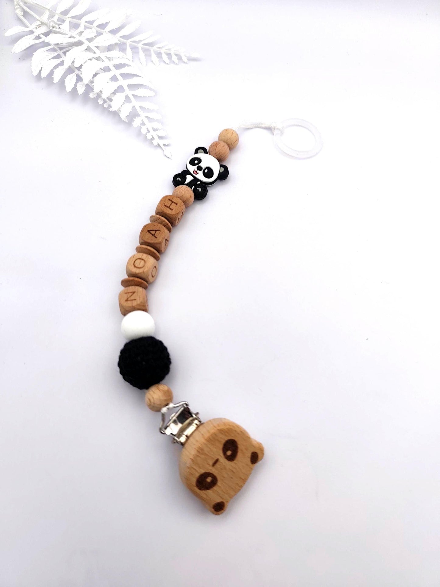 Panda Schnullerkette mit Namen | Personalisierte Schnullerkette mit Panda-Motiv | liebevolle Handarbeit | weiße Buchstaben oder Holzbuchstaben