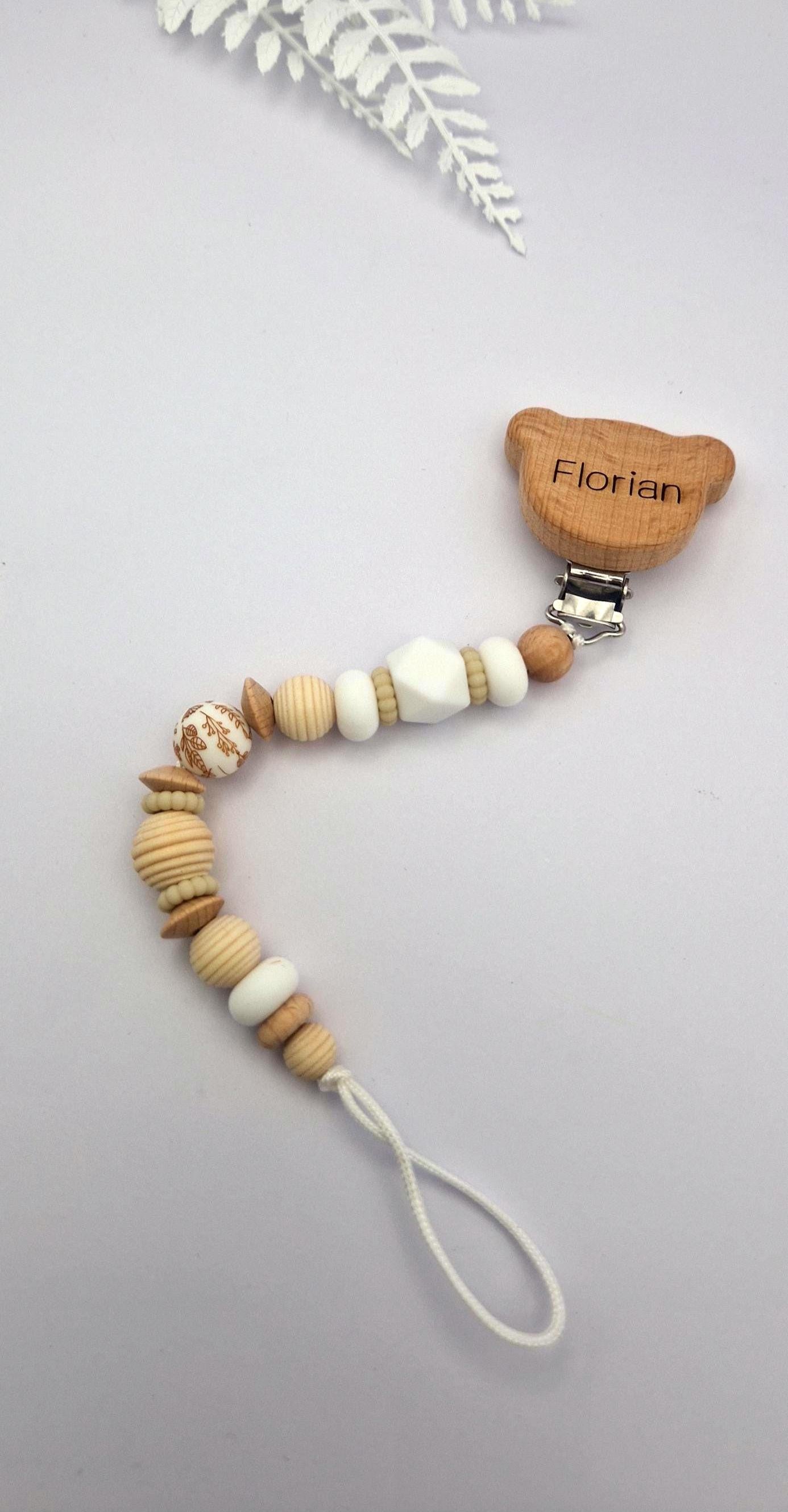 Personalisierte Schnullerkette mit Gravur | Holz & Silikon Natur Boho Beige | Geschenk zur Geburt | Handgefertigte Schnullerkette für Babys
