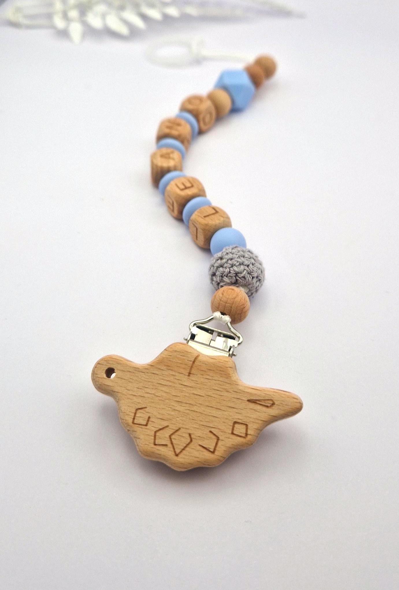 Personalisierte Schnullerkette mit Namen – liebevoll handgefertigtes Babygeschenk zur Geburt, Taufe | Blau | BPA-frei | Holz & Silikon