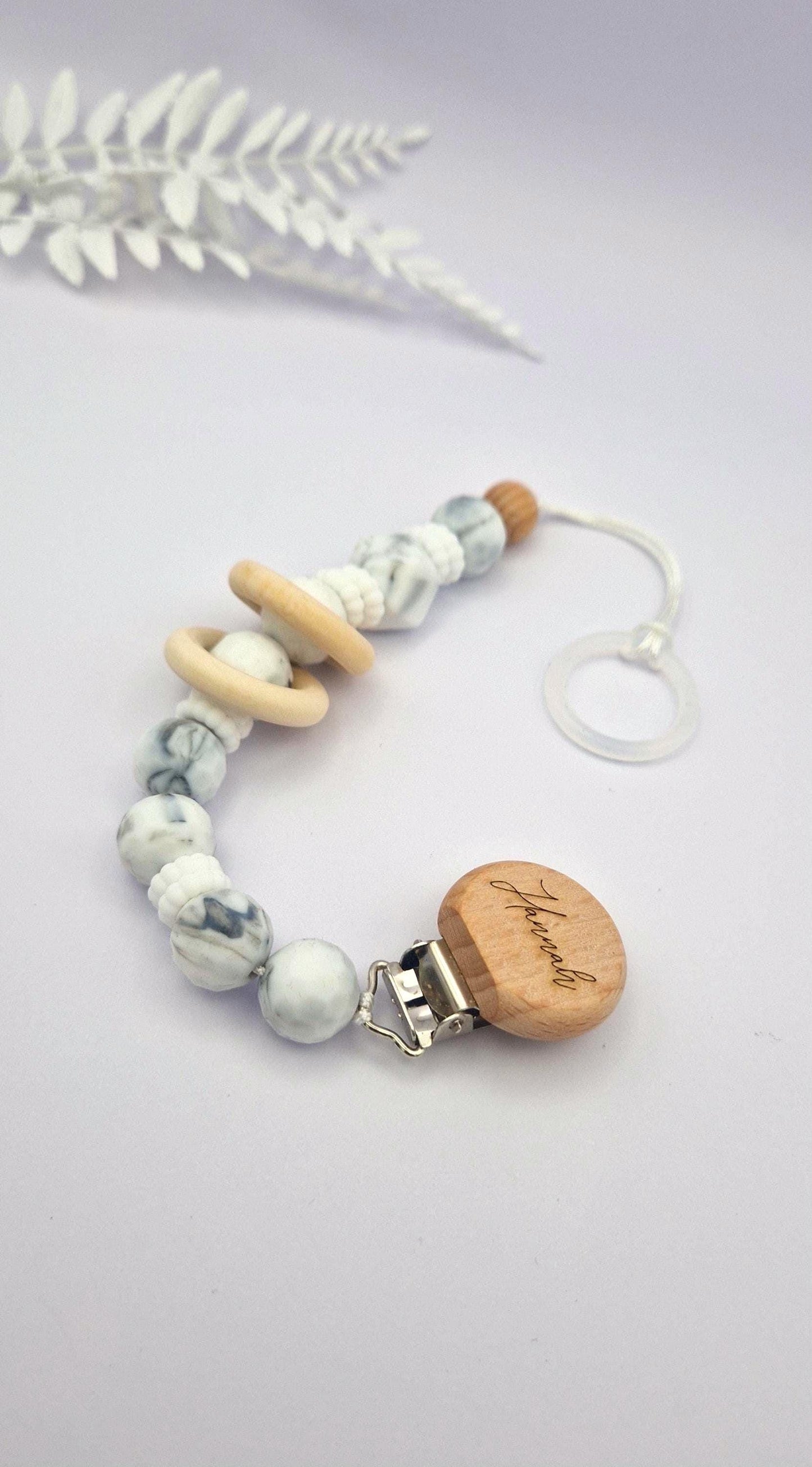 Personalisierte Schnullerkette Marmor Silikon & Holz mit Gravur | Personalisierte Schnullerkette Name | Edles Babygeschenk Taufe Geburt