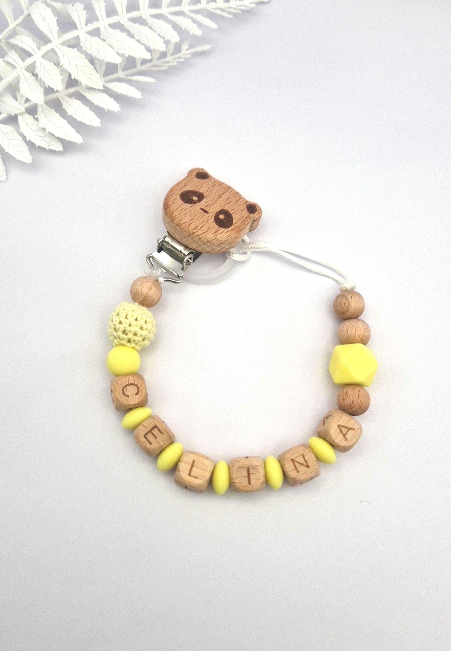Personalisierte Schnullerkette mit Namen – liebevoll handgefertigtes Babygeschenk | Gelb | Junge/Mädchen | BPA-frei | Holz & Silikon