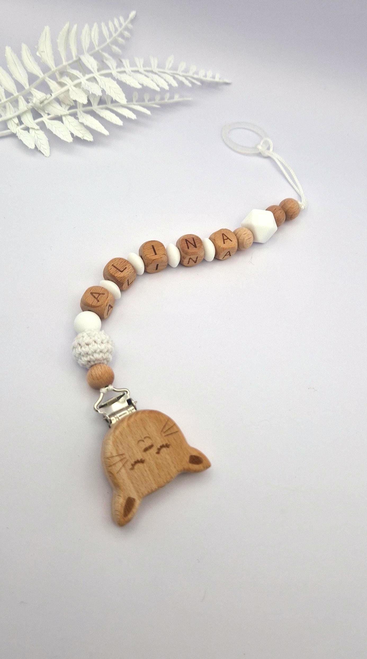 Personalisierte Schnullerkette mit Namen – liebevoll handgefertigtes Babygeschenk | Weiß | Junge und Mädchen | BPA-frei | Holz & Silikon