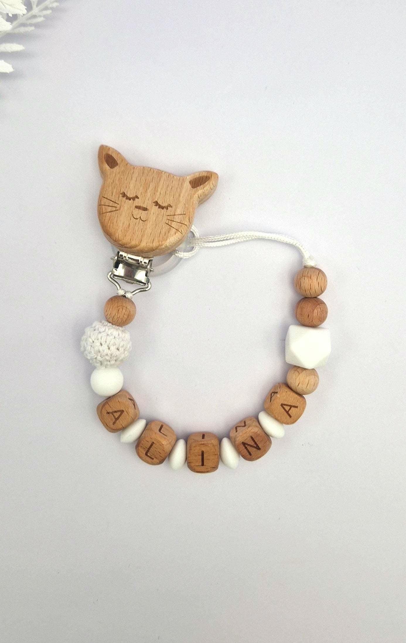 Personalisierte Schnullerkette mit Namen – liebevoll handgefertigtes Babygeschenk | Weiß | Junge und Mädchen | BPA-frei | Holz & Silikon