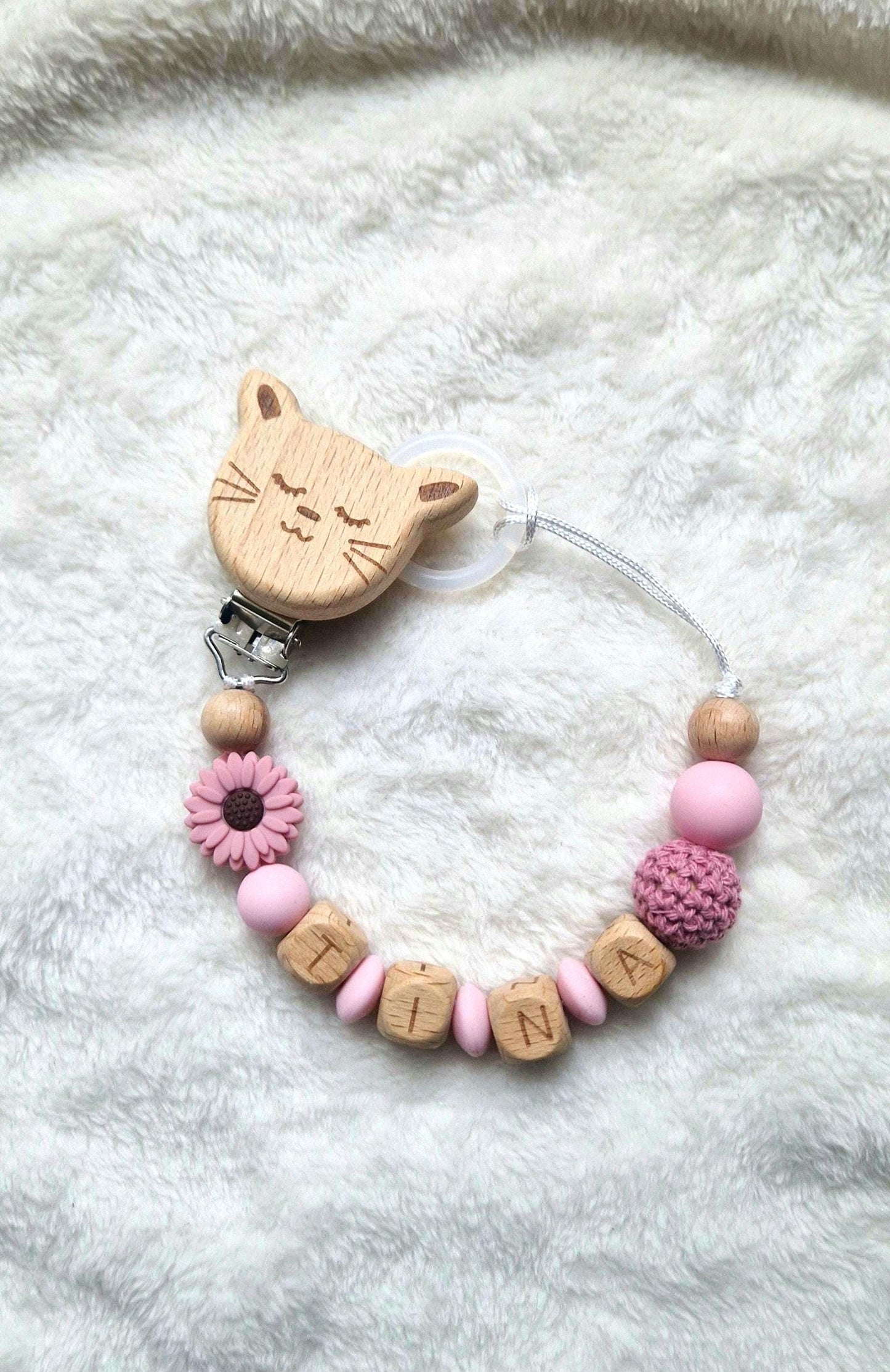 Schnullerkette mit Namen und Blume – Blumenschnullerkette – Holzbuchstaben – Geschenk zur Geburt & Taufe, BPA-frei