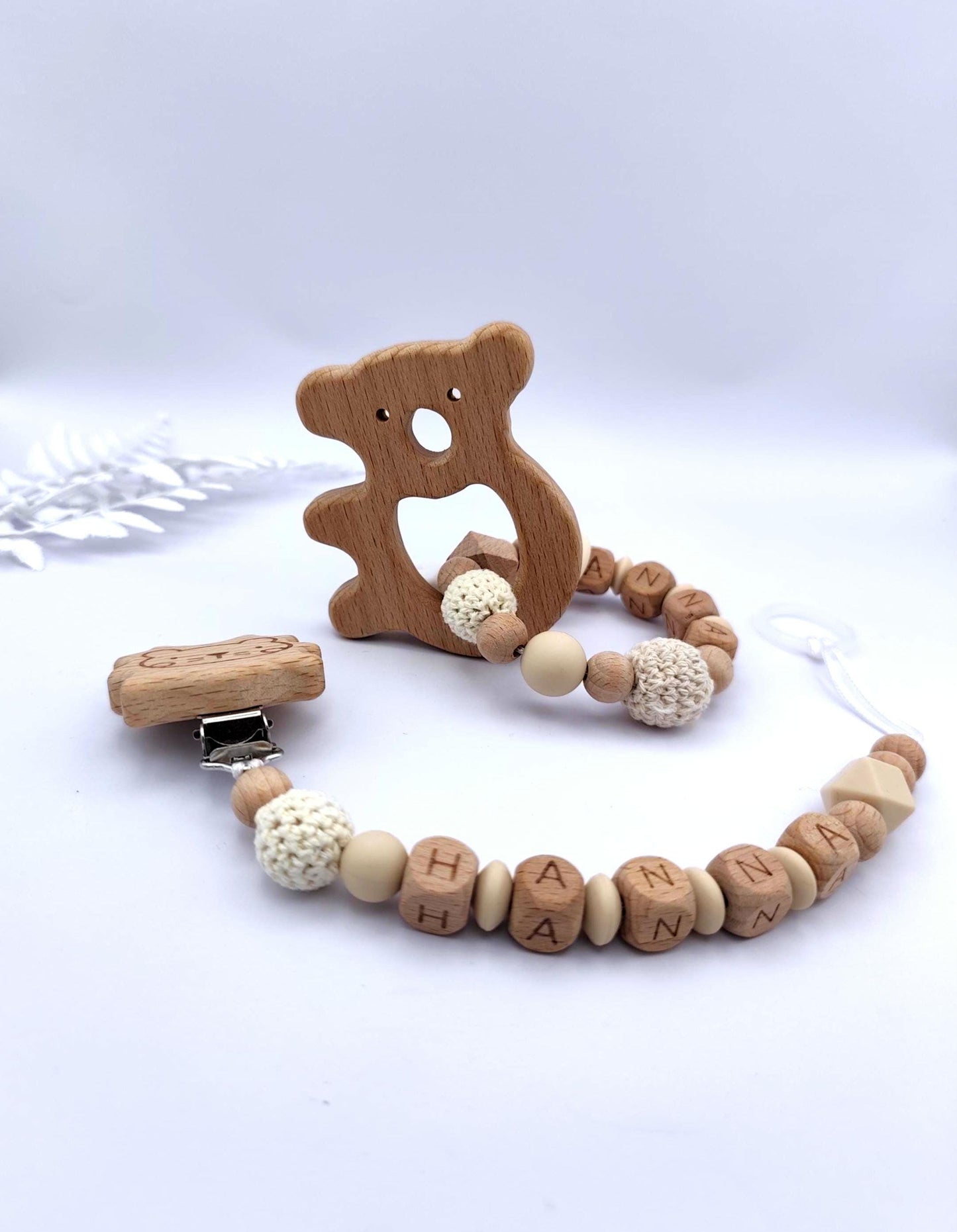 Baby Geschenkset Personalisiert Beige – Schnullerkette mit Namen & Greifling – Geschenk zur Geburt, Taufgeschenk, Babygeschenk Mädchen Junge