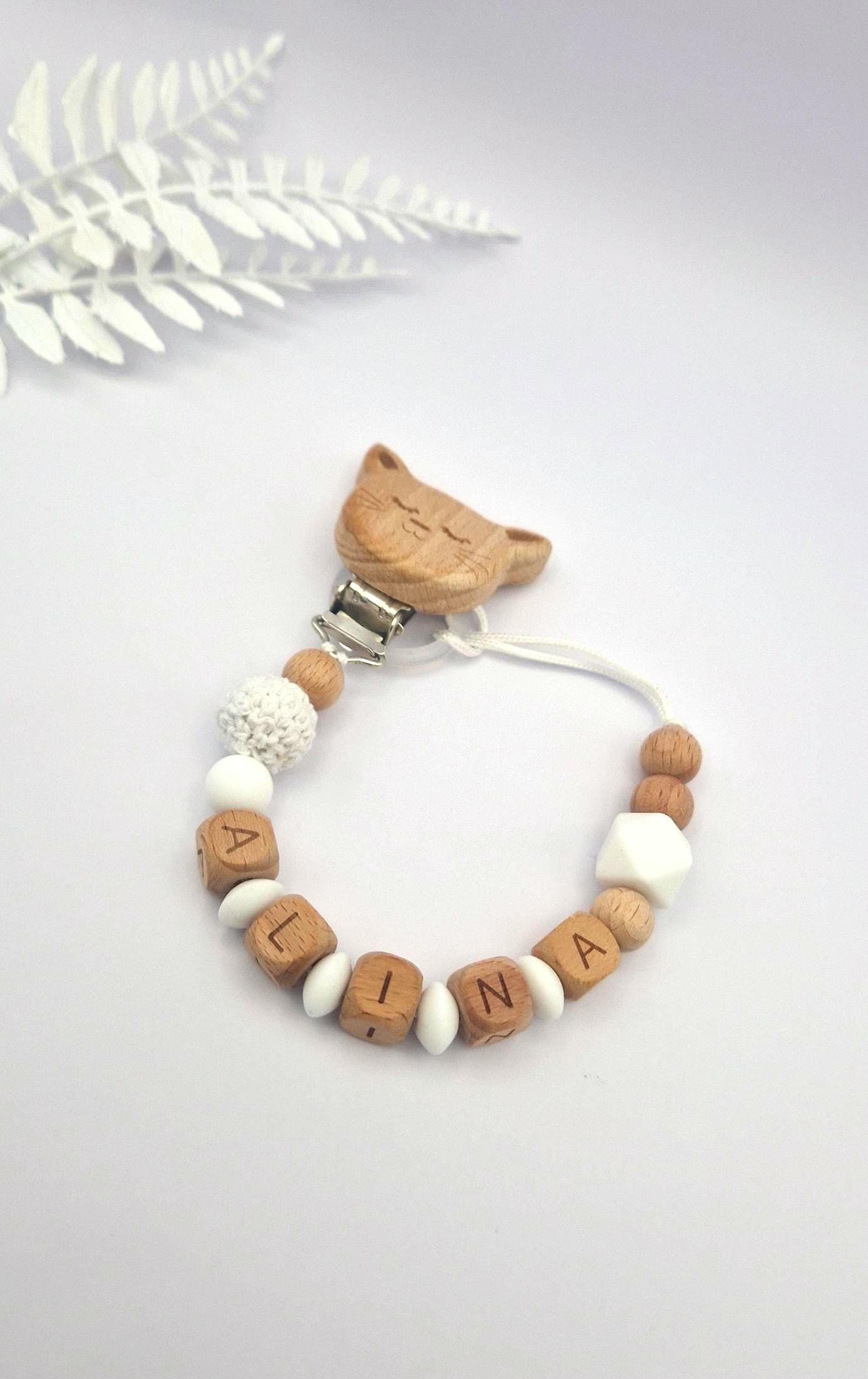 Personalisierte Schnullerkette mit Namen – liebevoll handgefertigtes Babygeschenk | Weiß | Junge und Mädchen | BPA-frei | Holz & Silikon