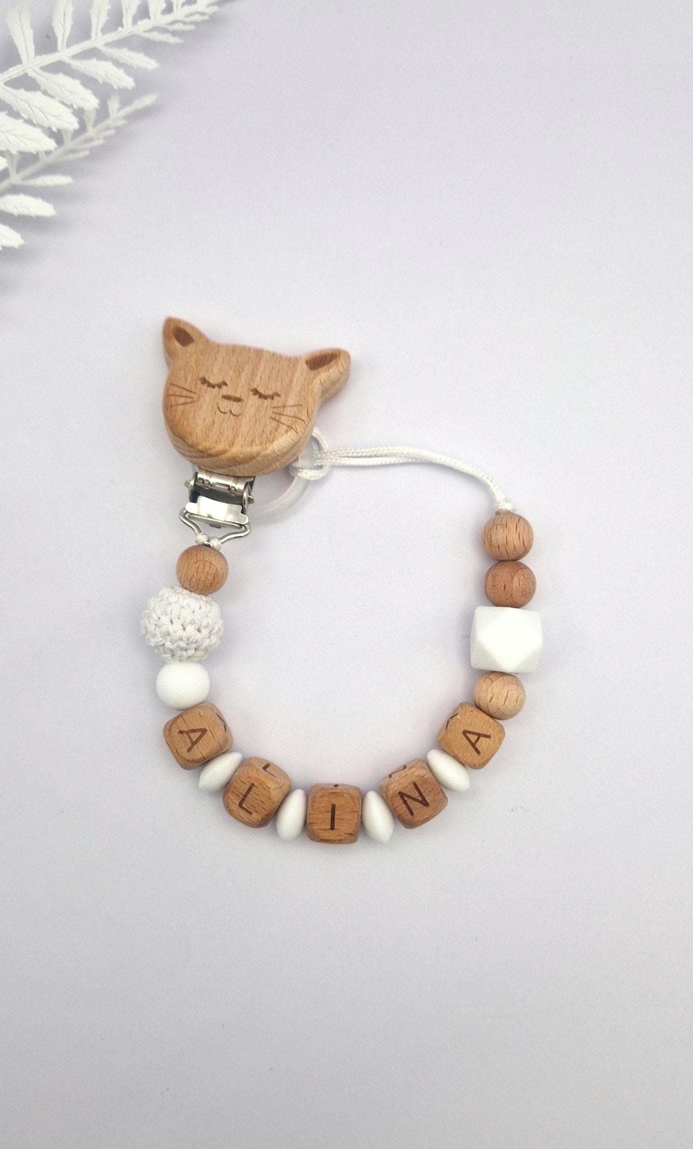 Personalisierte Schnullerkette mit Namen – liebevoll handgefertigtes Babygeschenk | Weiß | Junge und Mädchen | BPA-frei | Holz & Silikon