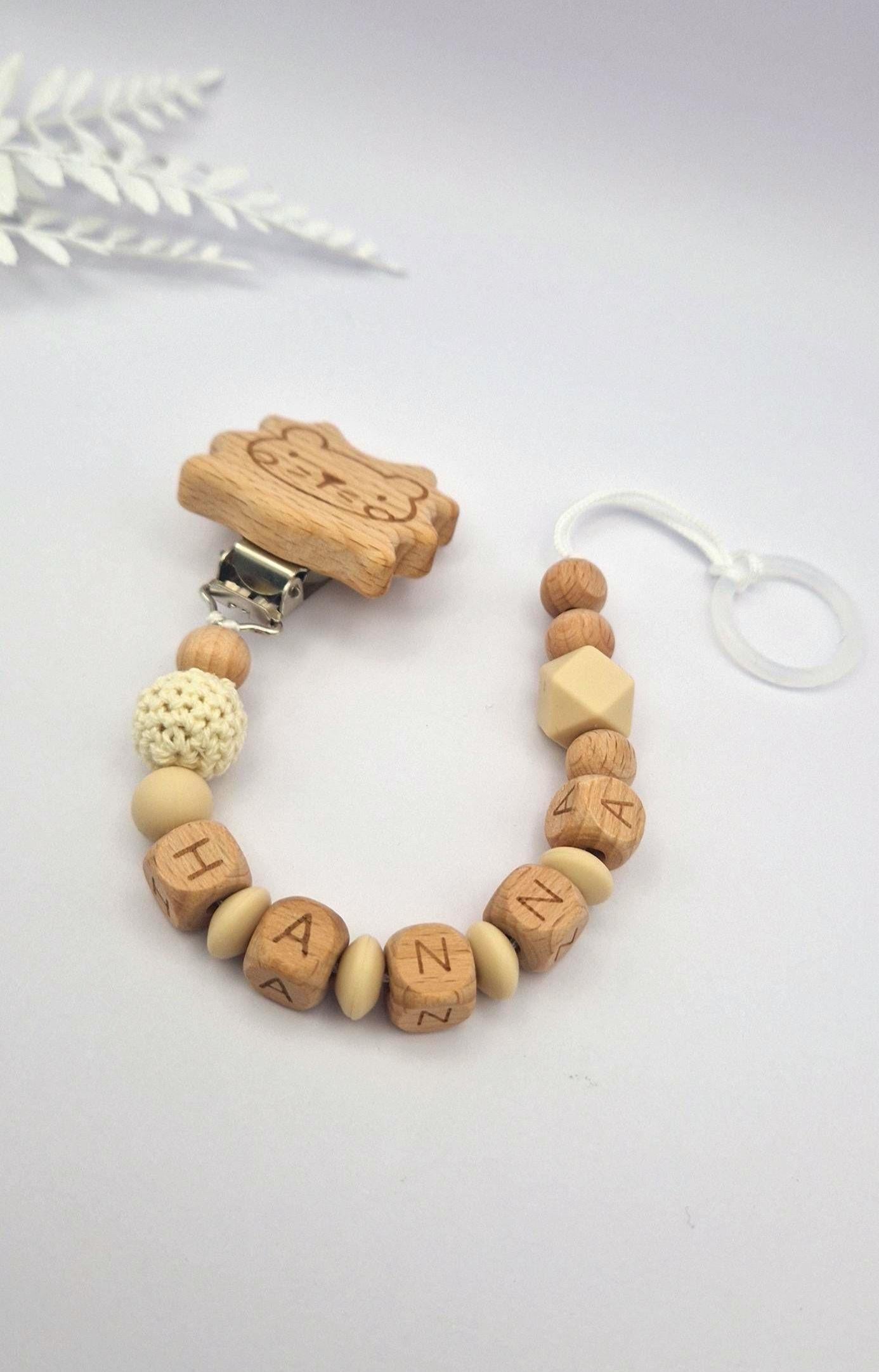 Personalisierte Schnullerkette mit Namen – liebevoll handgefertigtes Babygeschenk | Beige | Junge/Mädchen | BPA-frei | Holz & Silikon