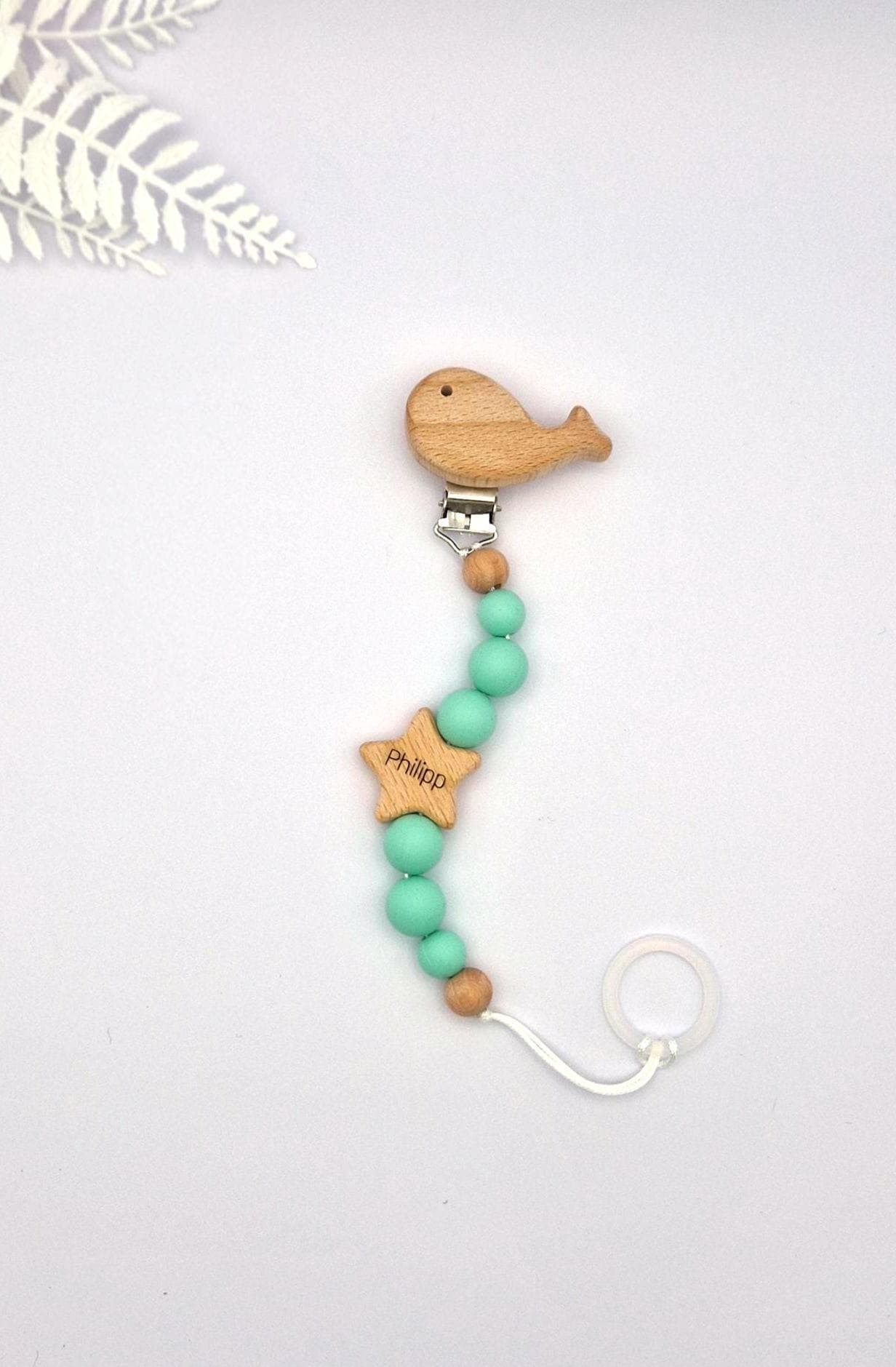 Personalisierte Schnullerkette mit Namen | Pastellgrün | Babygeschenk zur Geburt & Taufe | Handgefertigtes Babygeschenk BPA-frei | Namensgravur