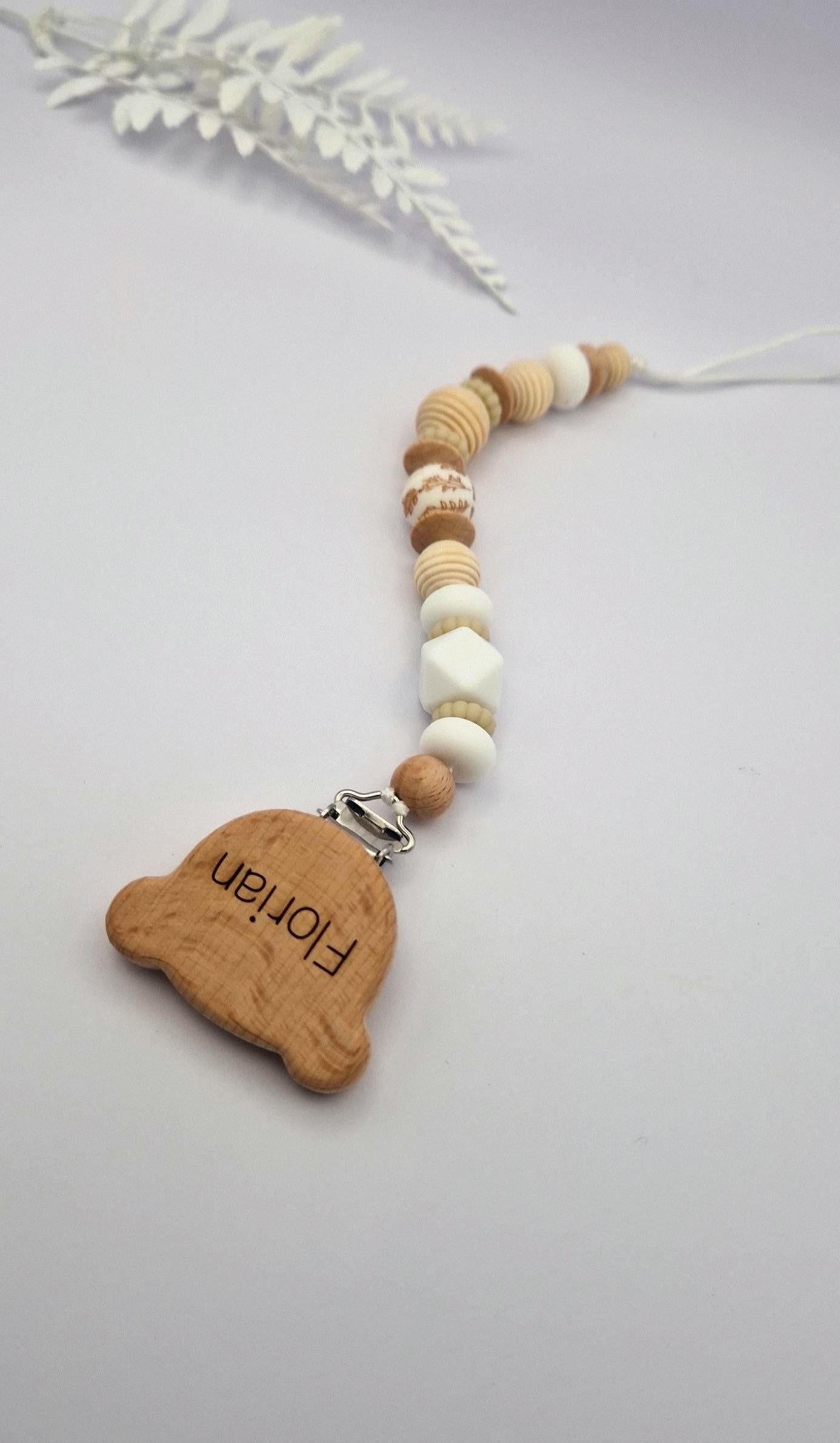 Personalisierte Schnullerkette mit Gravur | Holz & Silikon Natur Boho Beige | Geschenk zur Geburt | Handgefertigte Schnullerkette für Babys