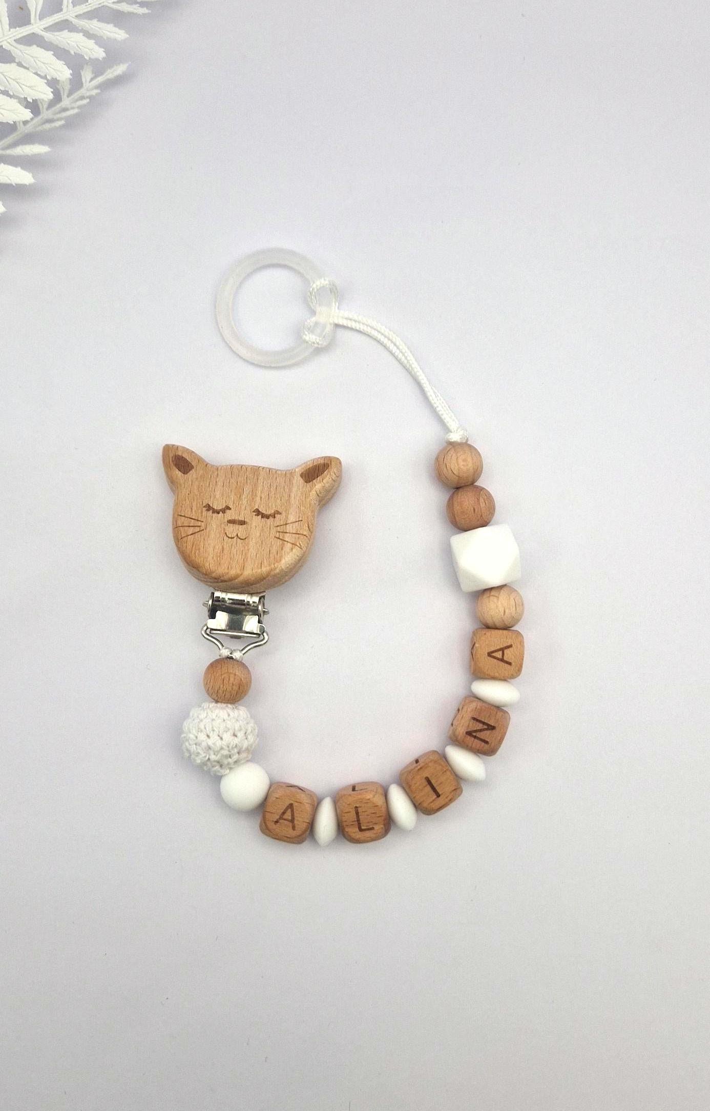 Personalisierte Schnullerkette mit Namen – liebevoll handgefertigtes Babygeschenk | Weiß | Junge und Mädchen | BPA-frei | Holz & Silikon
