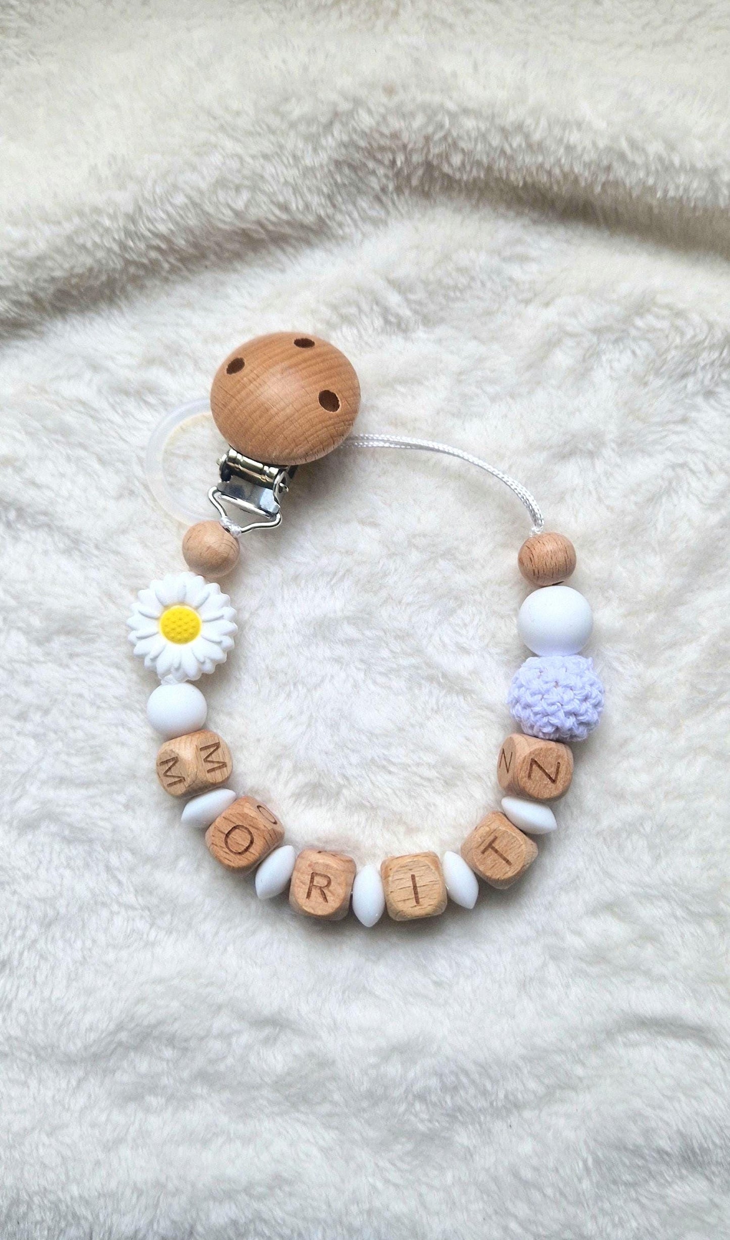 Schnullerkette mit Namen und Blume – Blumenschnullerkette – Holzbuchstaben – Geschenk zur Geburt & Taufe, BPA-frei