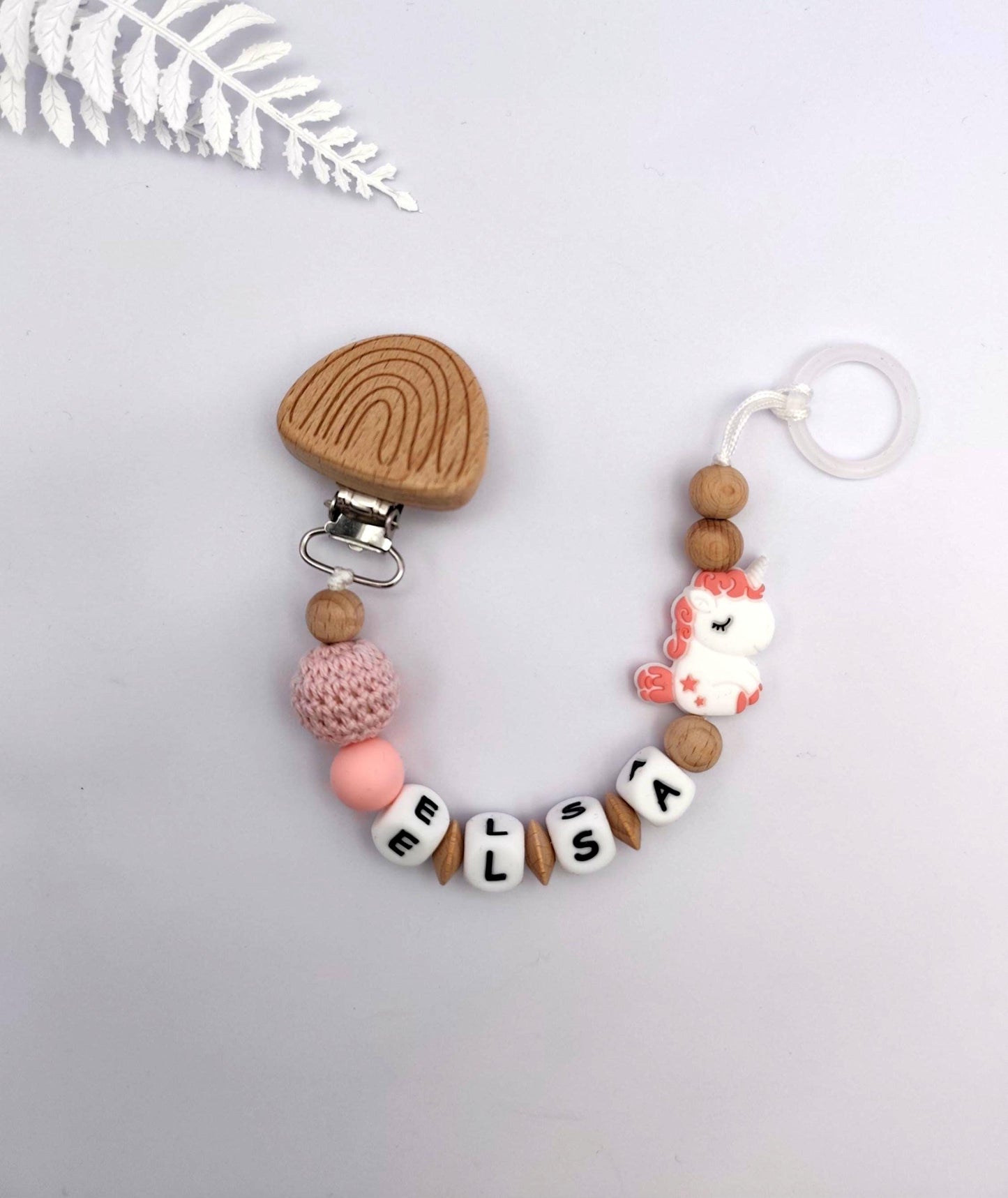 Schnullerkette mit Namen und Tiermotiv | 100% Handarbeit | Personalisiertes Geschenk für Babys | Babyartikel | Weiße Silikonbuchstaben