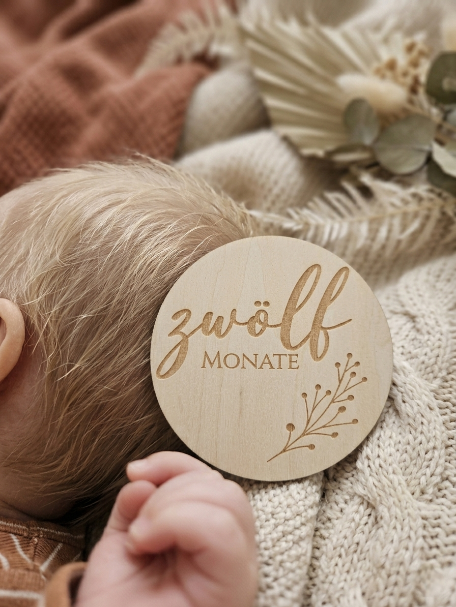 Baby Meilensteinkarten Set aus Holz - Erinnerungen fürs erste Jahr inkl. Geburtskarte | 1-12 Monate