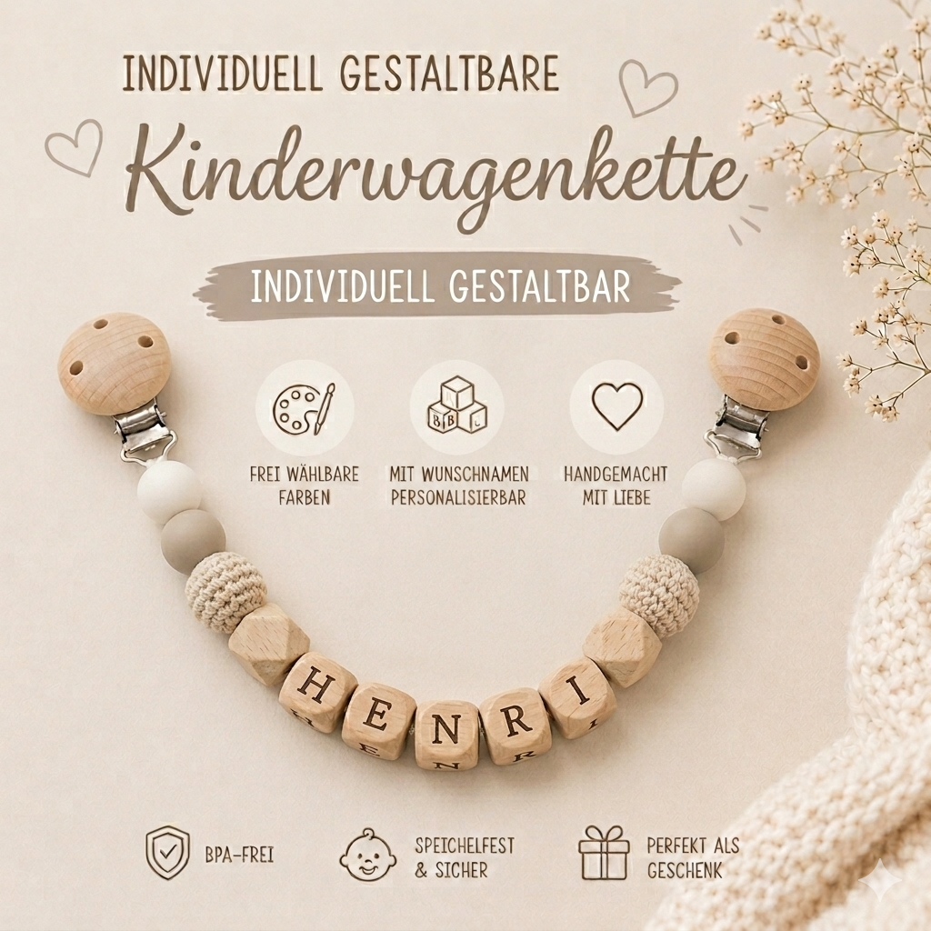 Kinderwagenkette individuell nach Wunsch gefertigt – personalisiert mit Namen, handgemacht in Österreich