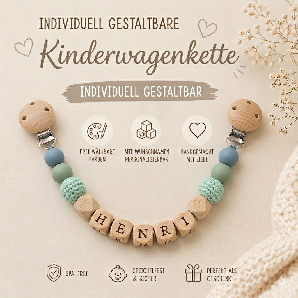 Kinderwagenkette individuell nach Wunsch gefertigt – personalisiert mit Namen, handgemacht in Österreich