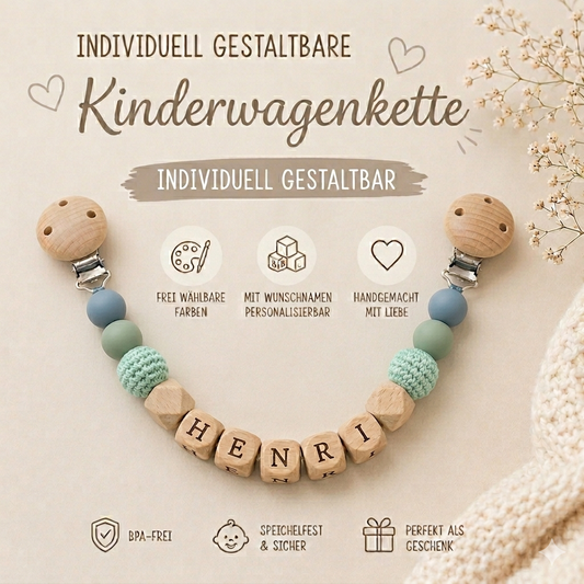 Kinderwagenkette individuell nach Wunsch gefertigt – personalisiert mit Namen, handgemacht in Österreich