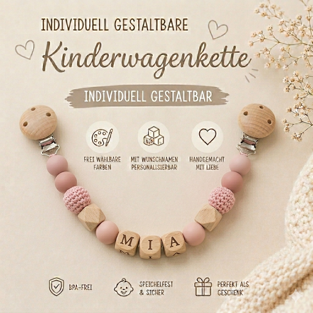 Kinderwagenkette individuell nach Wunsch gefertigt – personalisiert mit Namen, handgemacht in Österreich