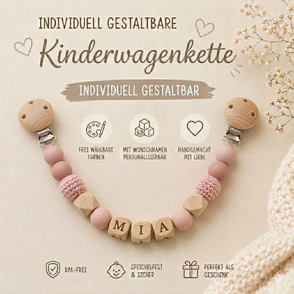 Kinderwagenkette individuell nach Wunsch gefertigt – personalisiert mit Namen, handgemacht in Österreich