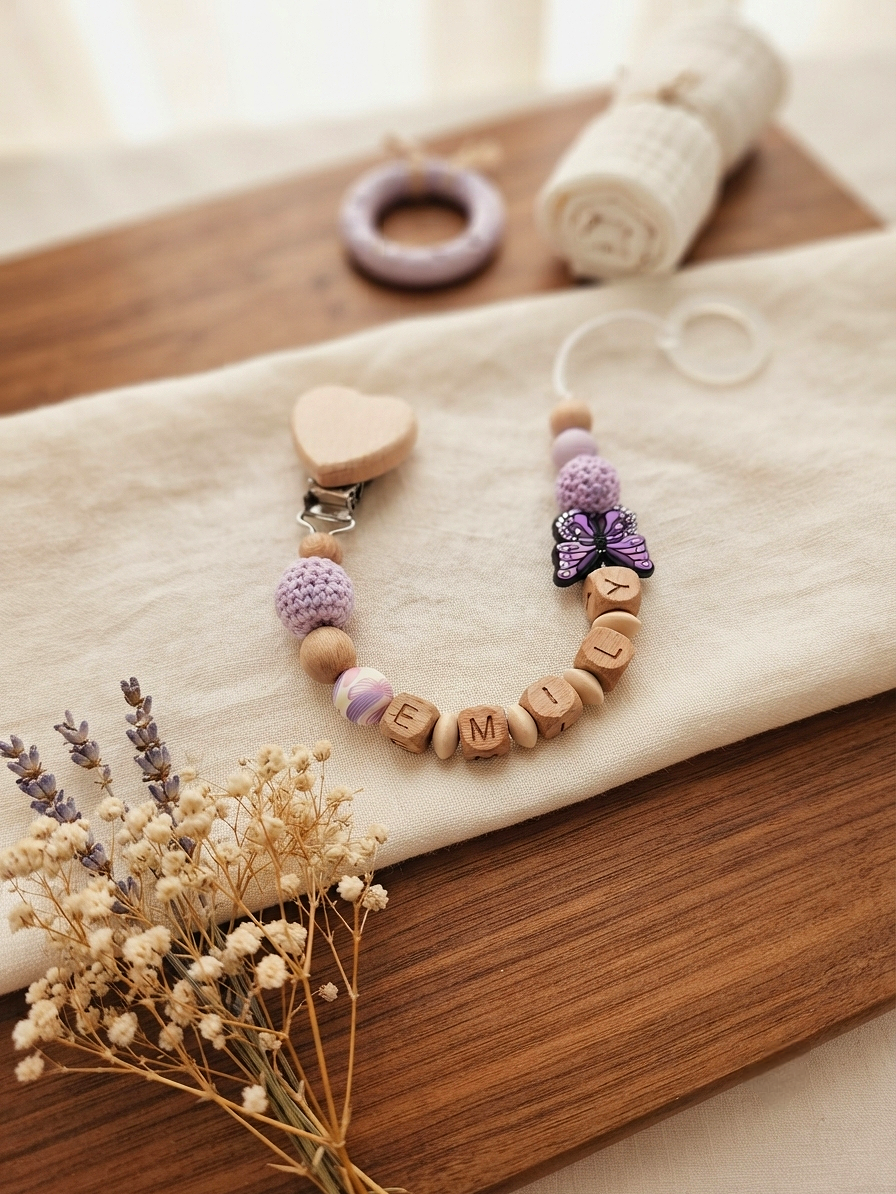 Personalisierte Schnullerkette mit Namen – Lila Schmetterling & Holzperlen