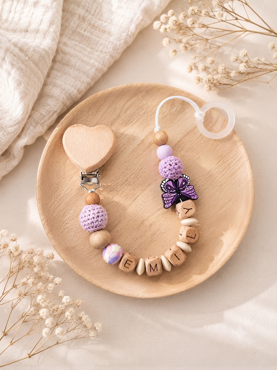 Personalisierte Schnullerkette mit Namen – Lila Schmetterling & Holzperlen